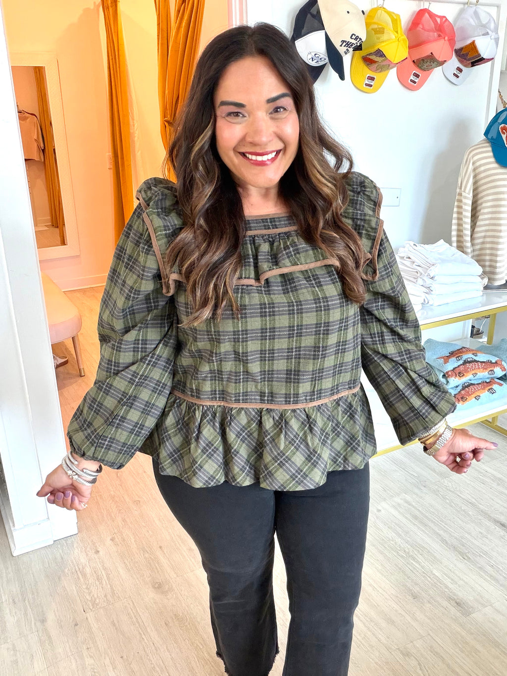 Polly Plaid Ruffle Trim Peplum Top in Olive