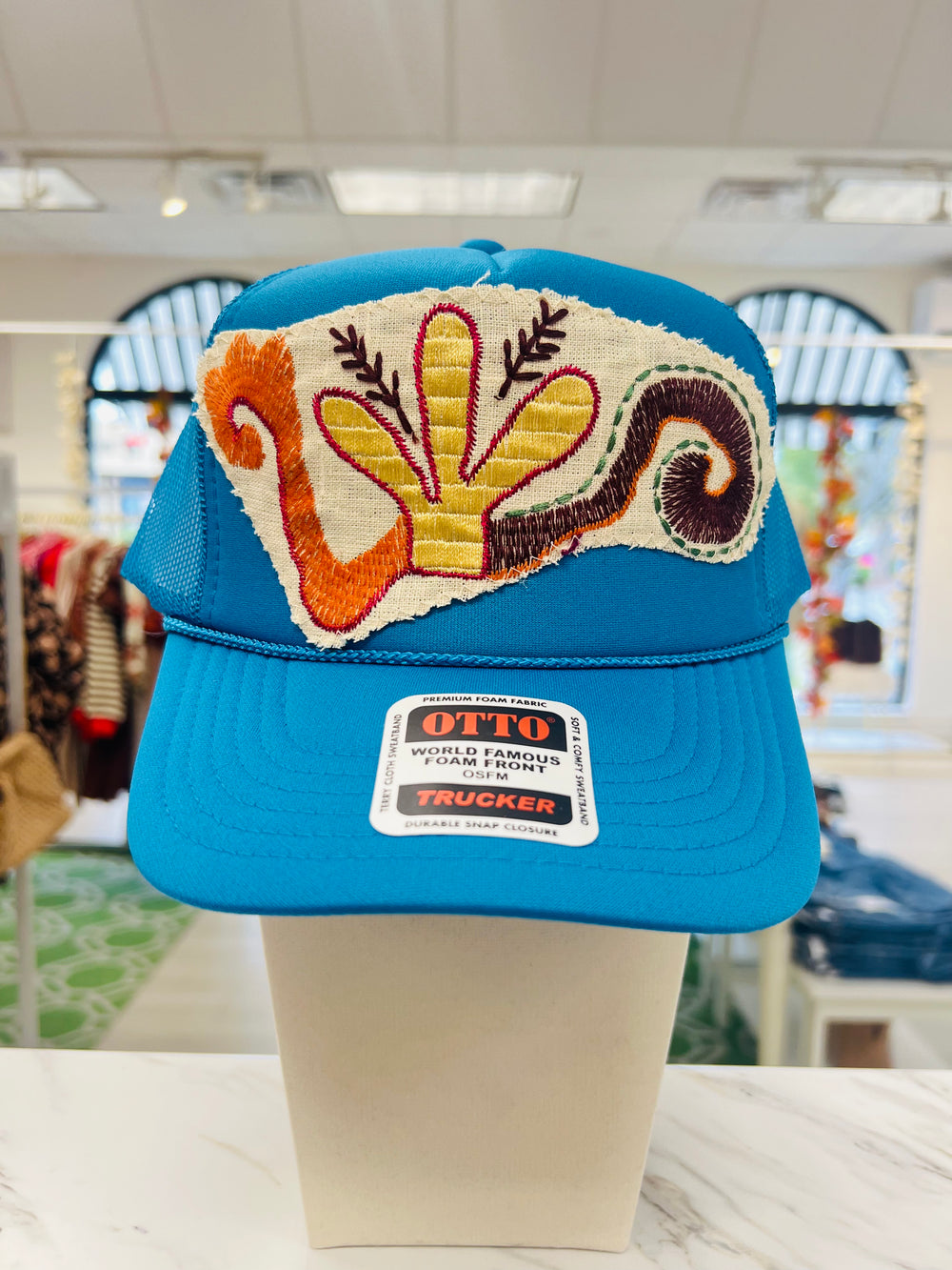 OTTO Brown & Teal Western Trucker Hat Western Feather Fan Trucker Hat With Turquoise & Pearl  main image 3