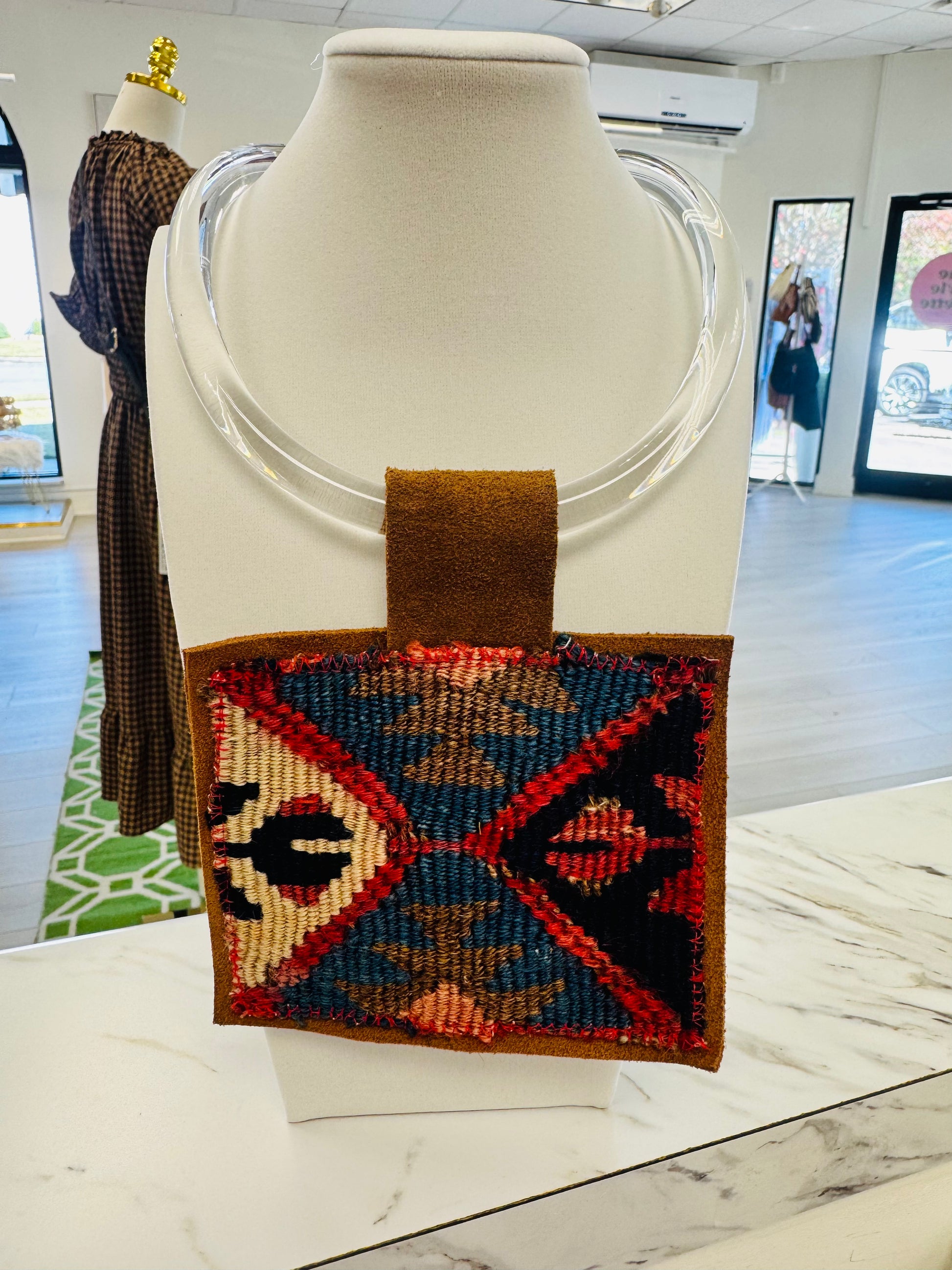 ORIJINAL Clear Pendant Necklace - Blue/Red/Brown Patch