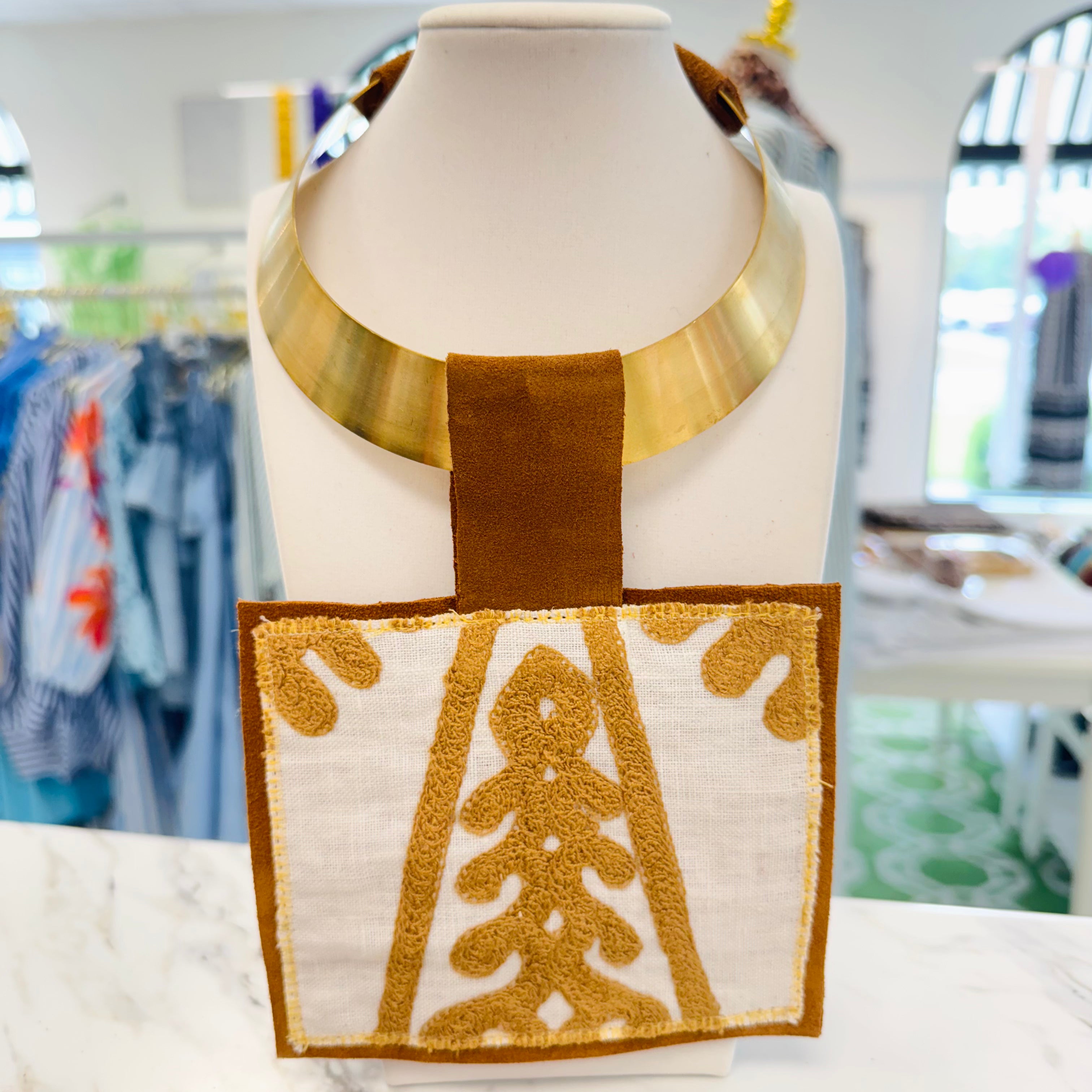 ORIJINAL Brass Pendant Necklace - White/Tan Patch
