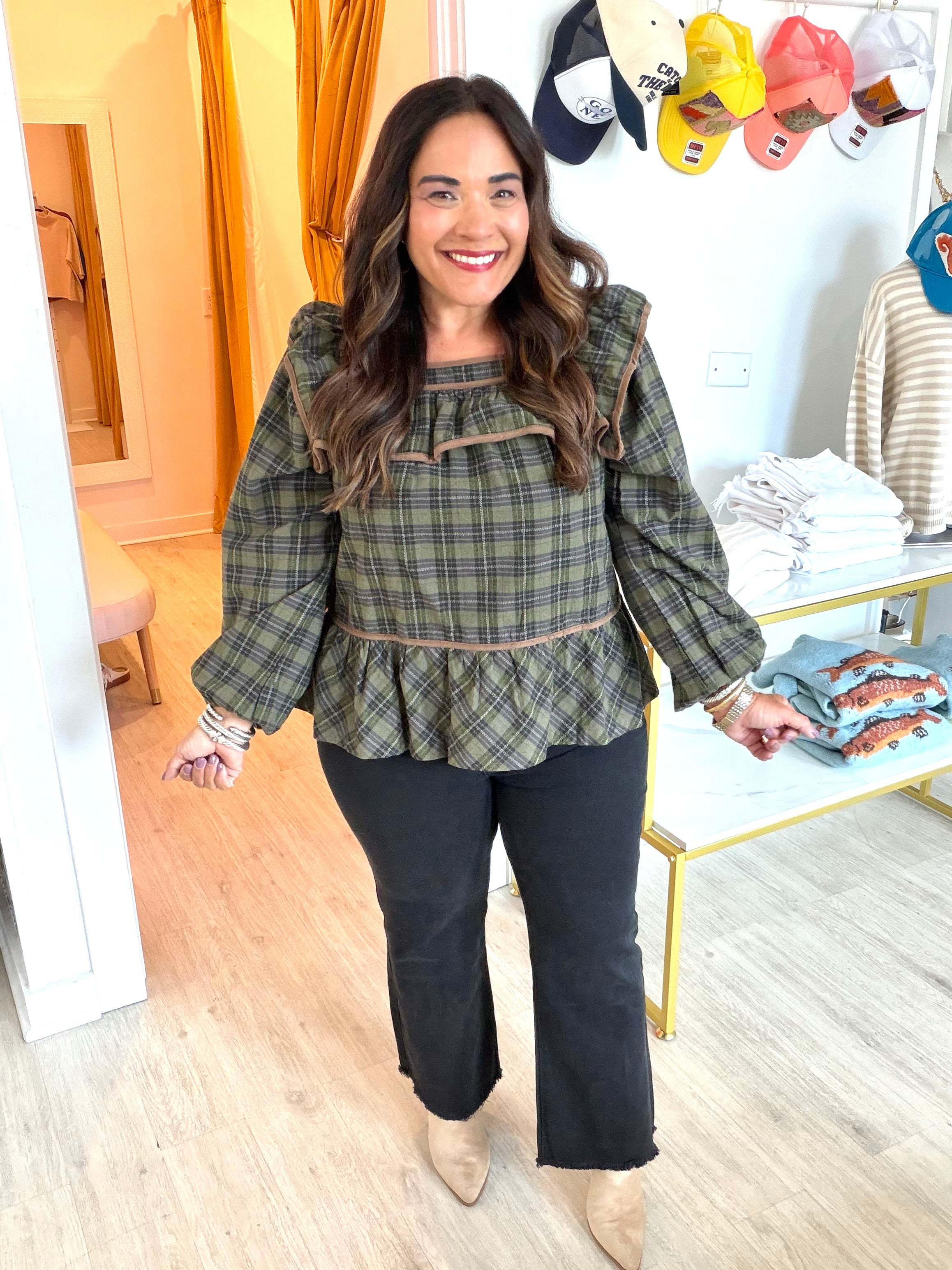 Polly Plaid Ruffle Trim Peplum Top in Olive