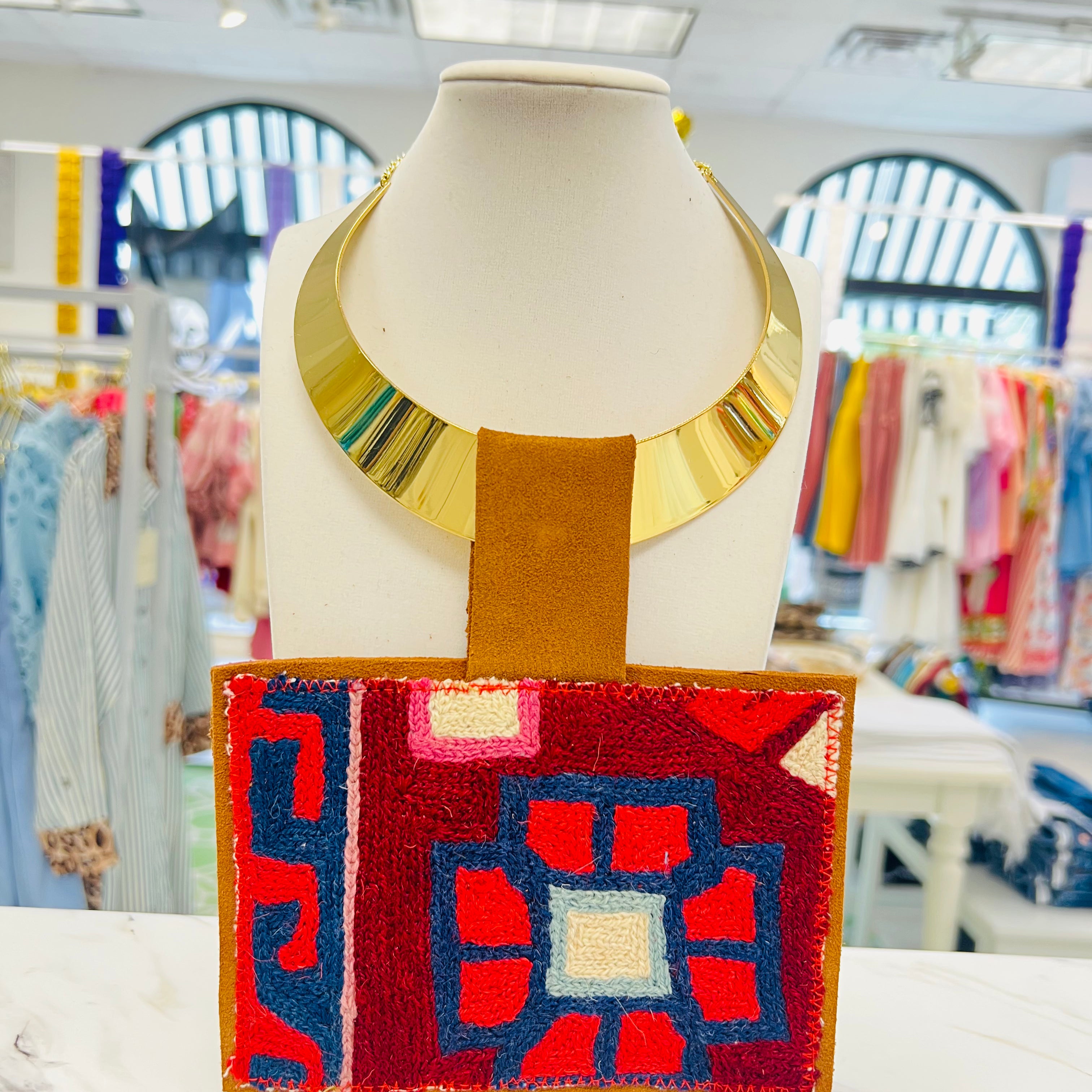 ORIJINAL Shiny Brass Pendant Necklace - Red/Navy/Maroon Patch