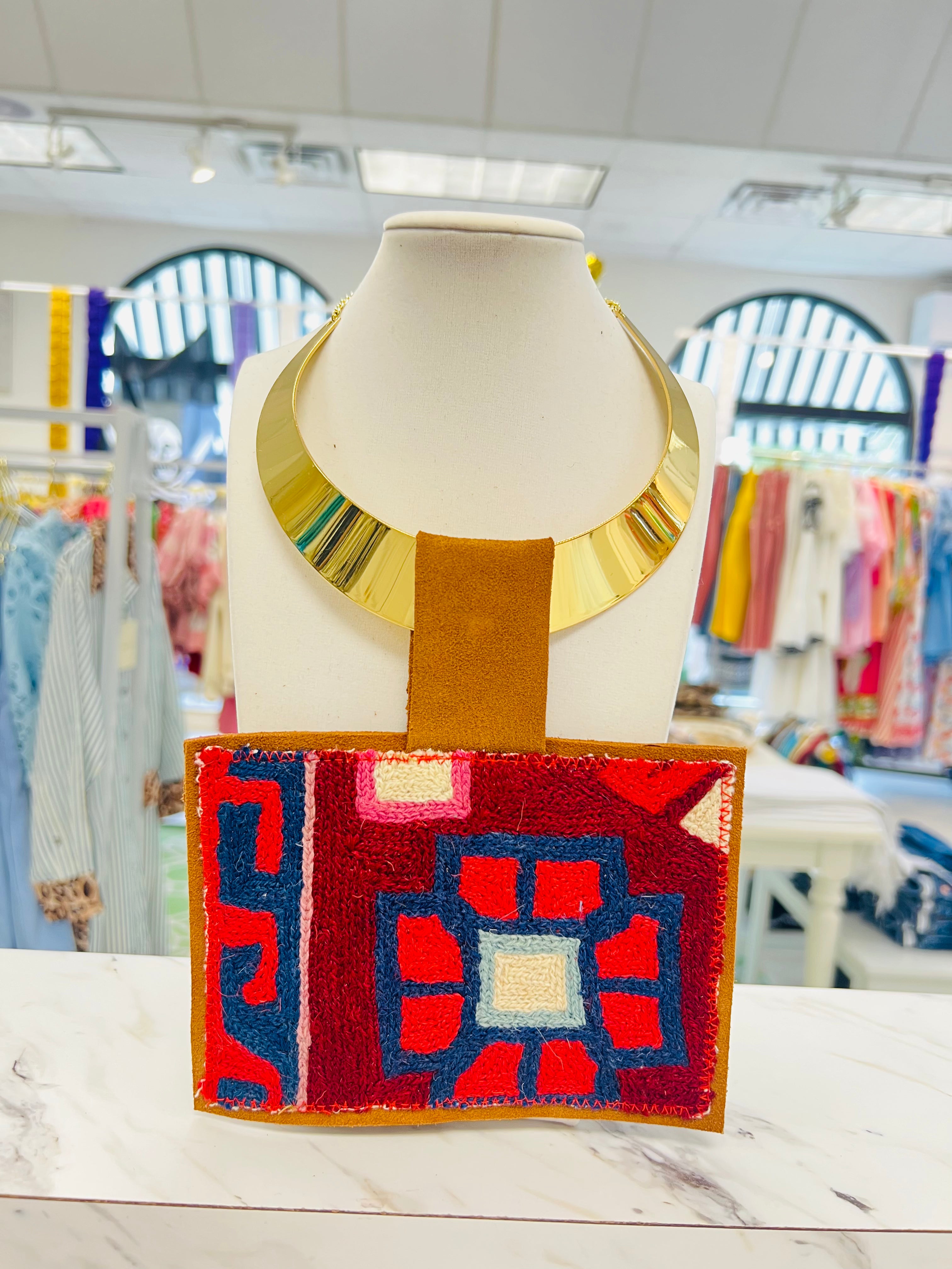 ORIJINAL Shiny Brass Pendant Necklace - Red/Navy/Maroon Patch