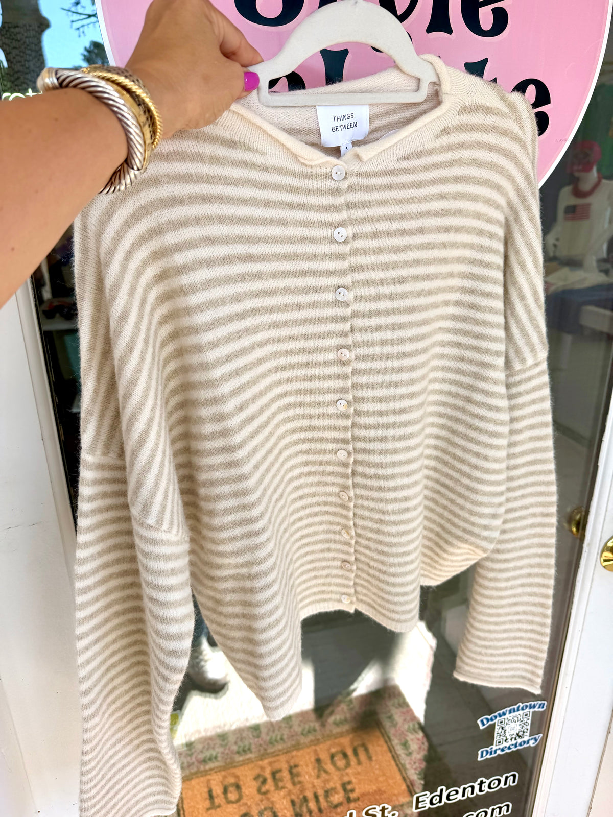 Anything Goes Button Up Cardigan in Cream Stripes
