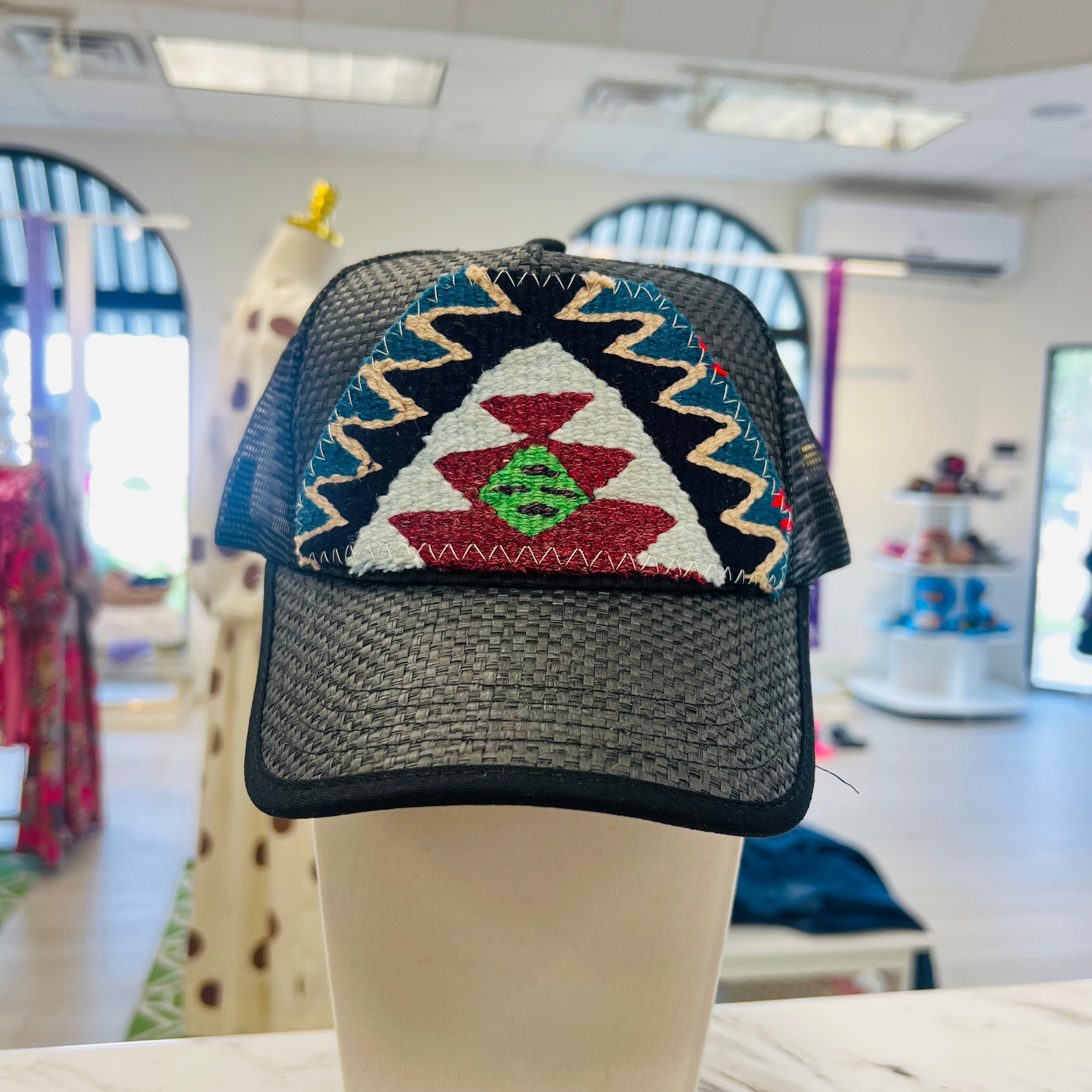 ORIJINAL Straw Trucker Hat in Black - Black/Light Blue/Red