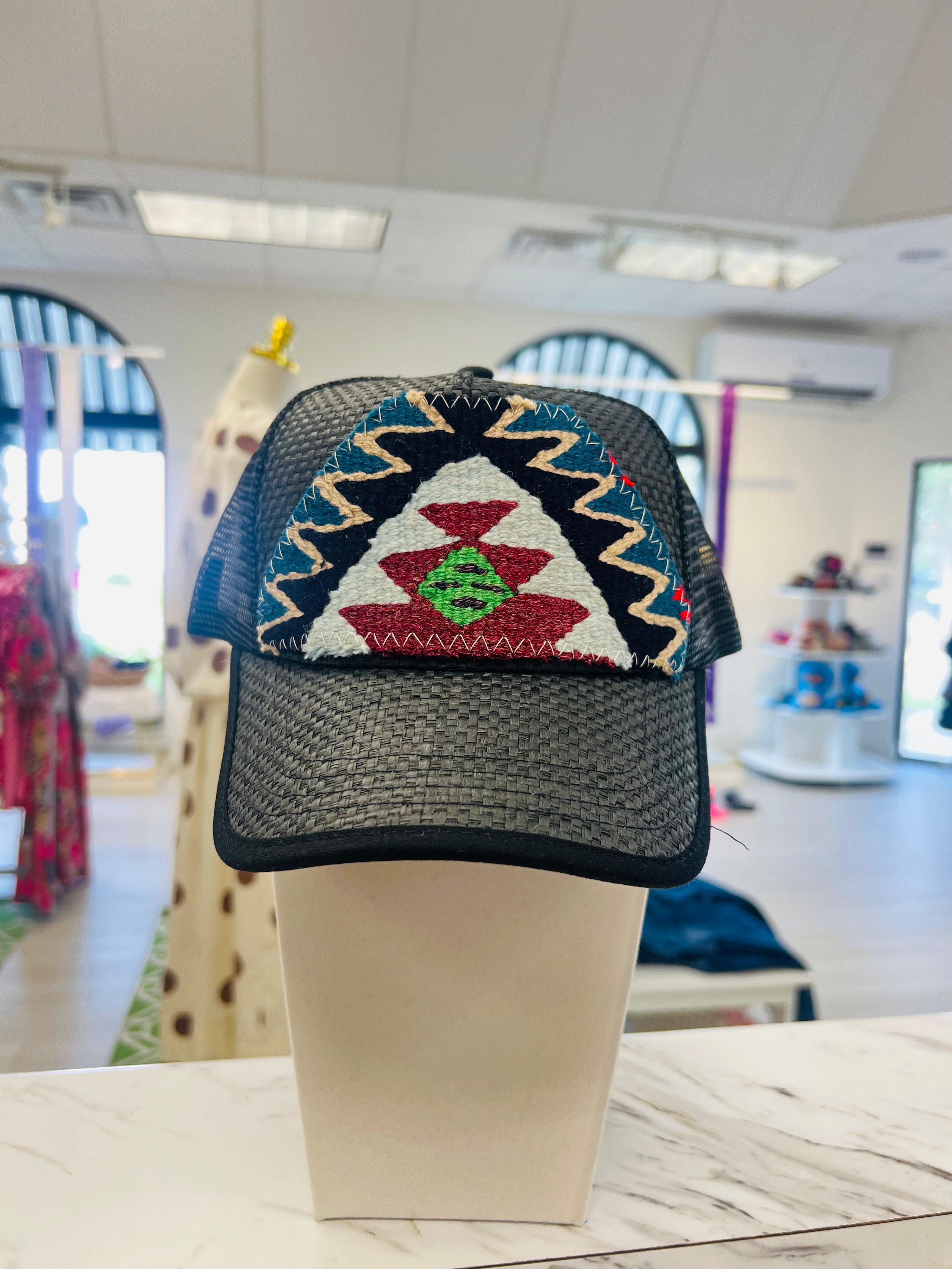 ORIJINAL Straw Trucker Hat in Black - Black/Light Blue/Red
