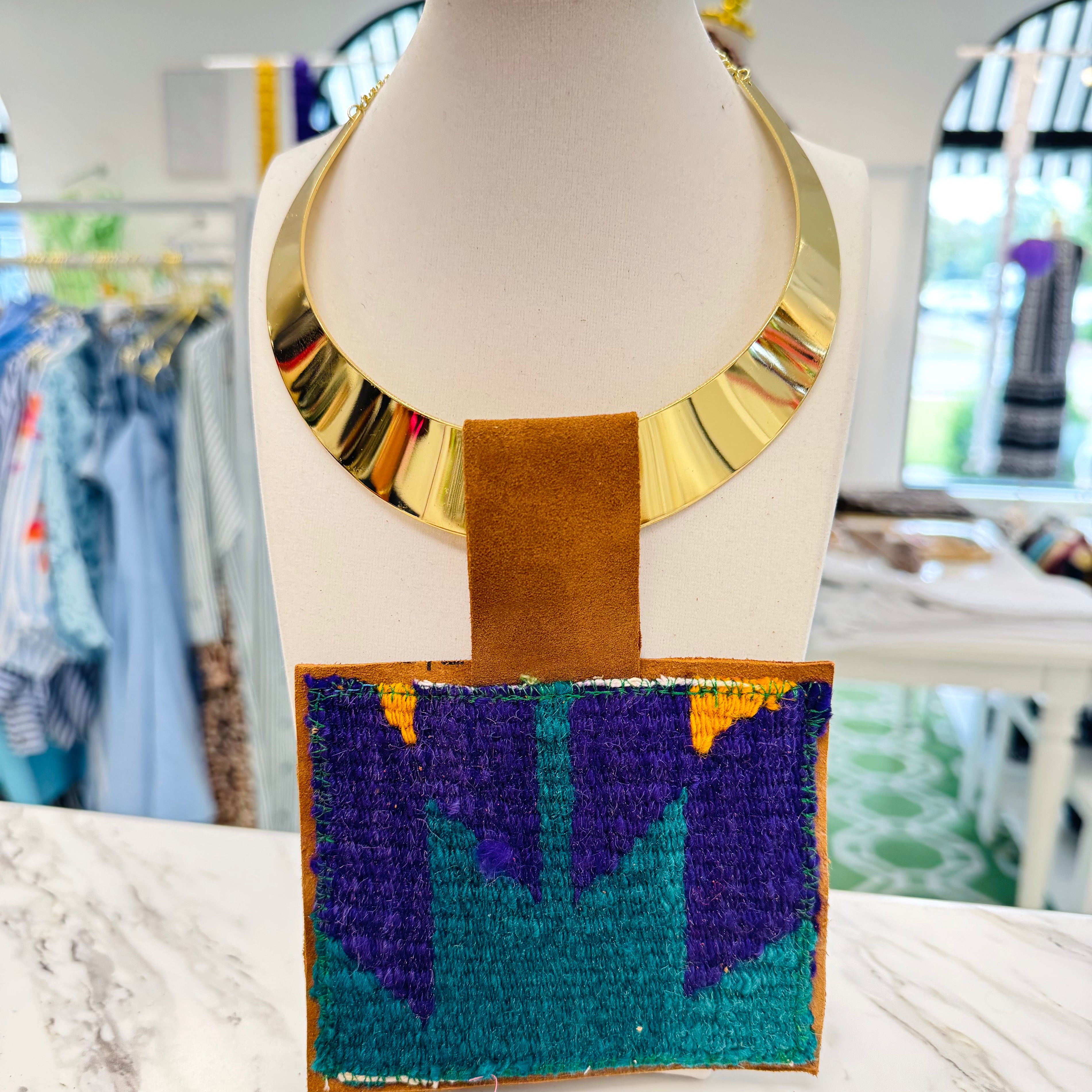 ORIJINAL Shiny Brass Pendant Necklace - Teal/Purple/Yellow Patch