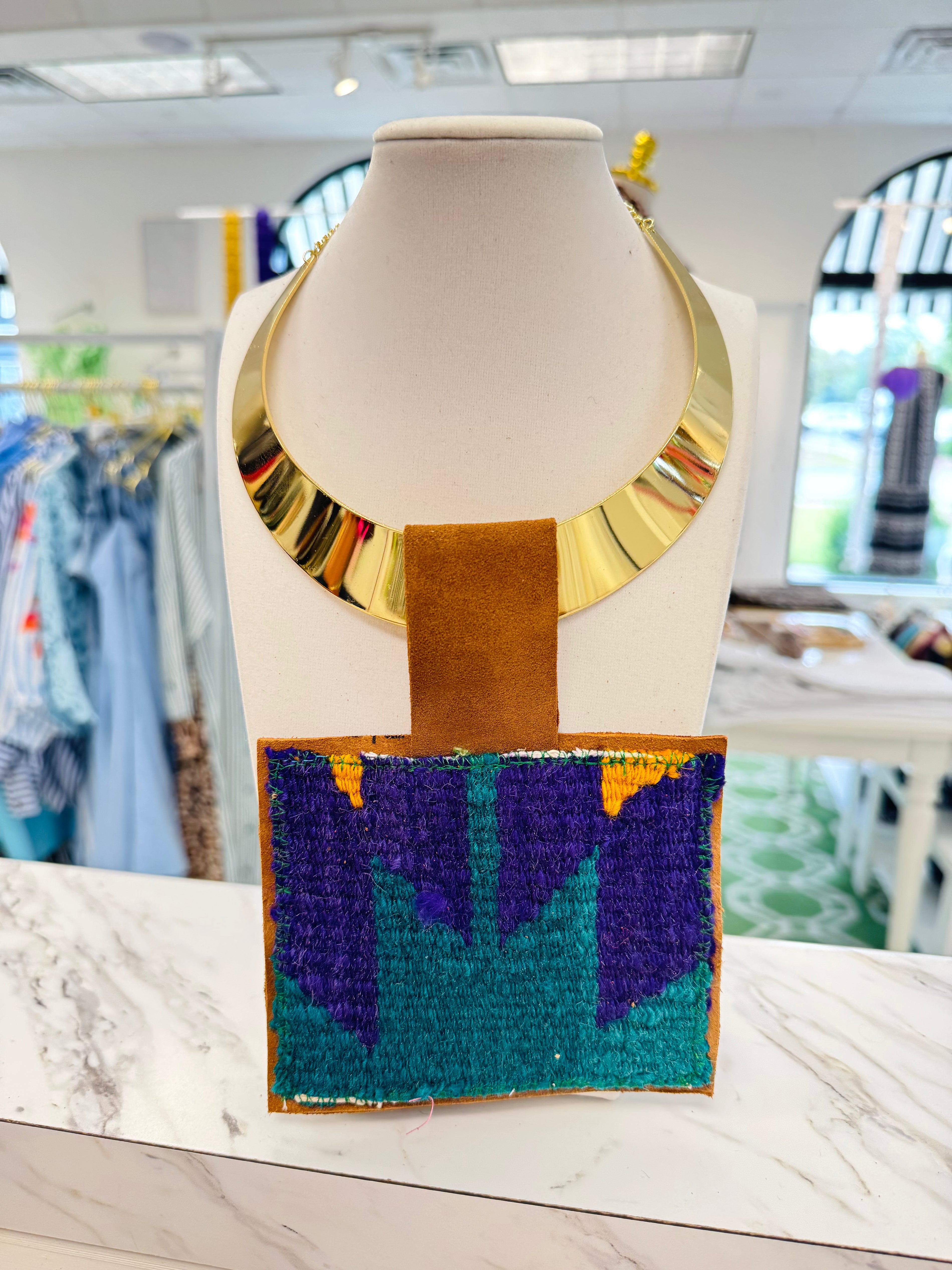 ORIJINAL Shiny Brass Pendant Necklace - Teal/Purple/Yellow Patch