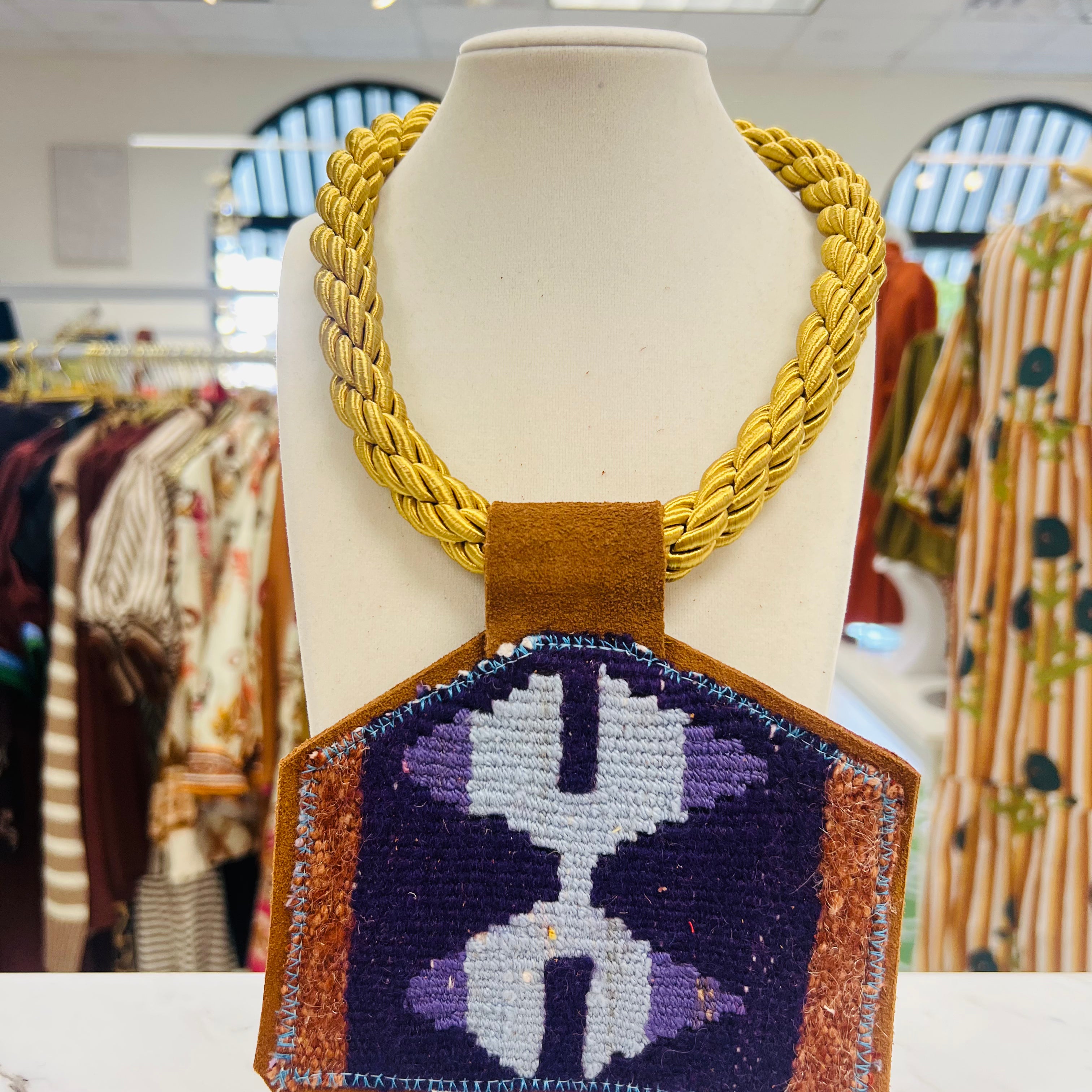 ORIJINAL Gold Rope Pendant Necklace - Purple/Light Blue/Brown Patch
