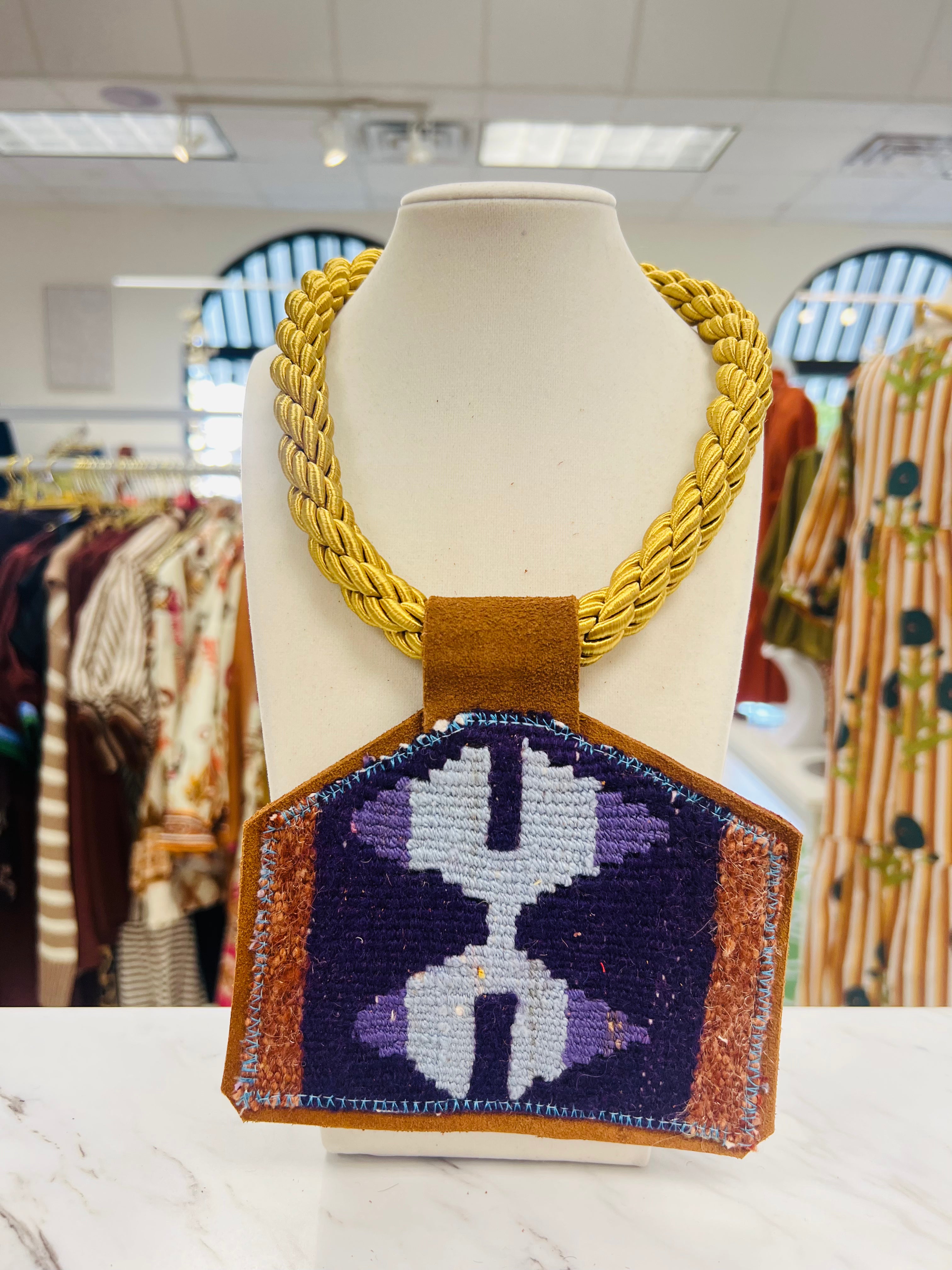 ORIJINAL Gold Rope Pendant Necklace - Purple/Light Blue/Brown Patch