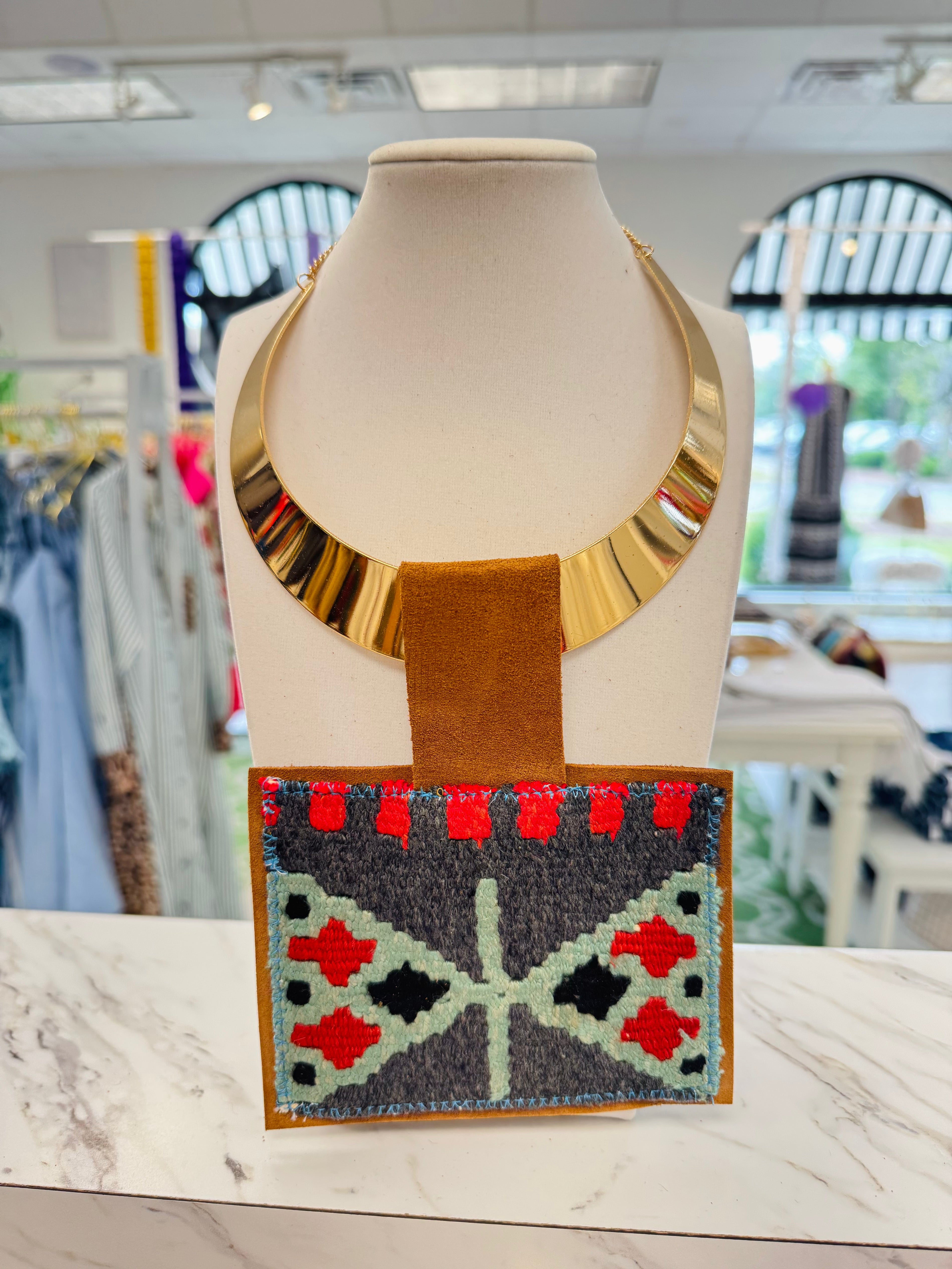 ORIJINAL Shiny Brass Pendant Necklace - Charcoal/Sage/Red Patch