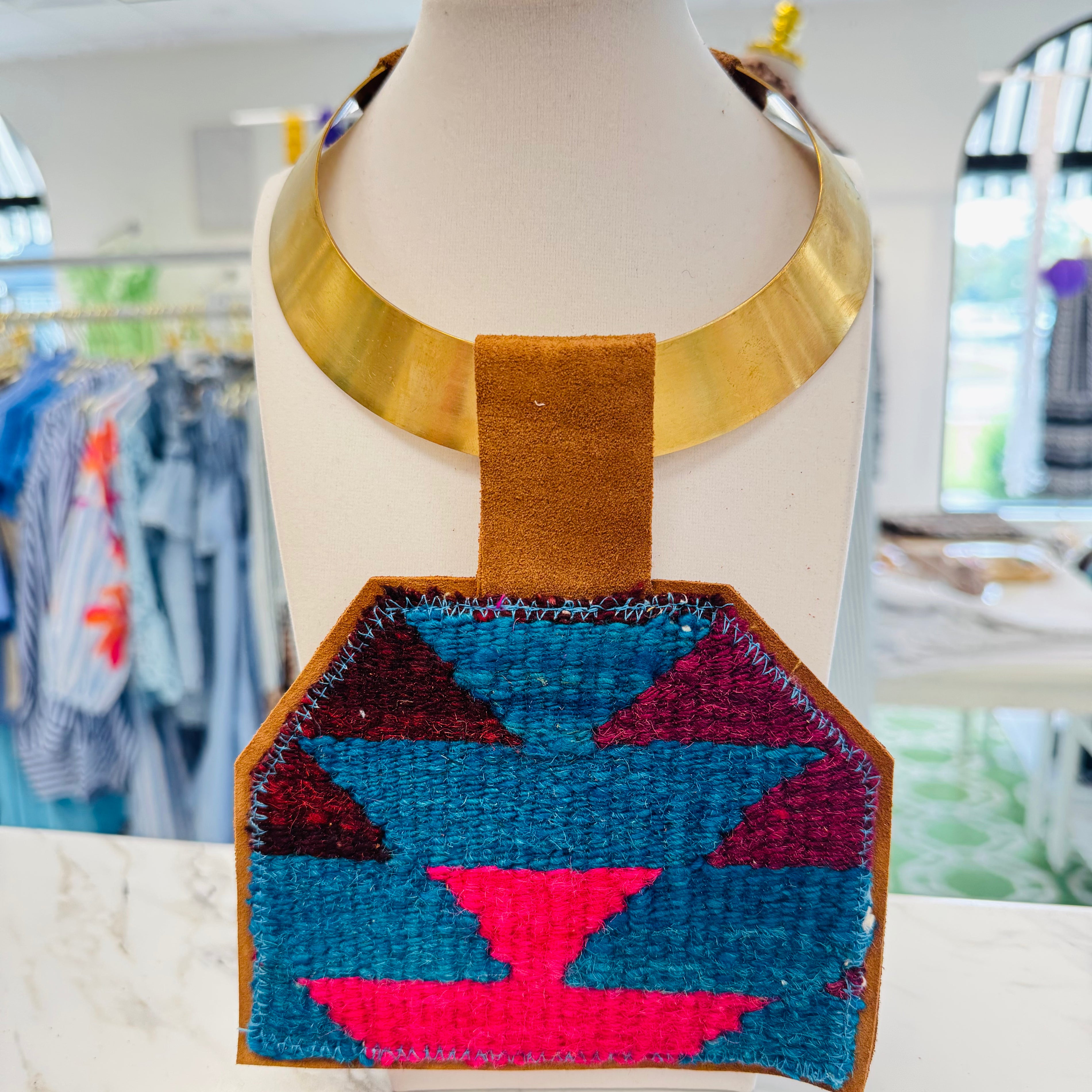 ORIJINAL Brass Pendant Necklace - Teal/Hot Pink/Maroon Patch
