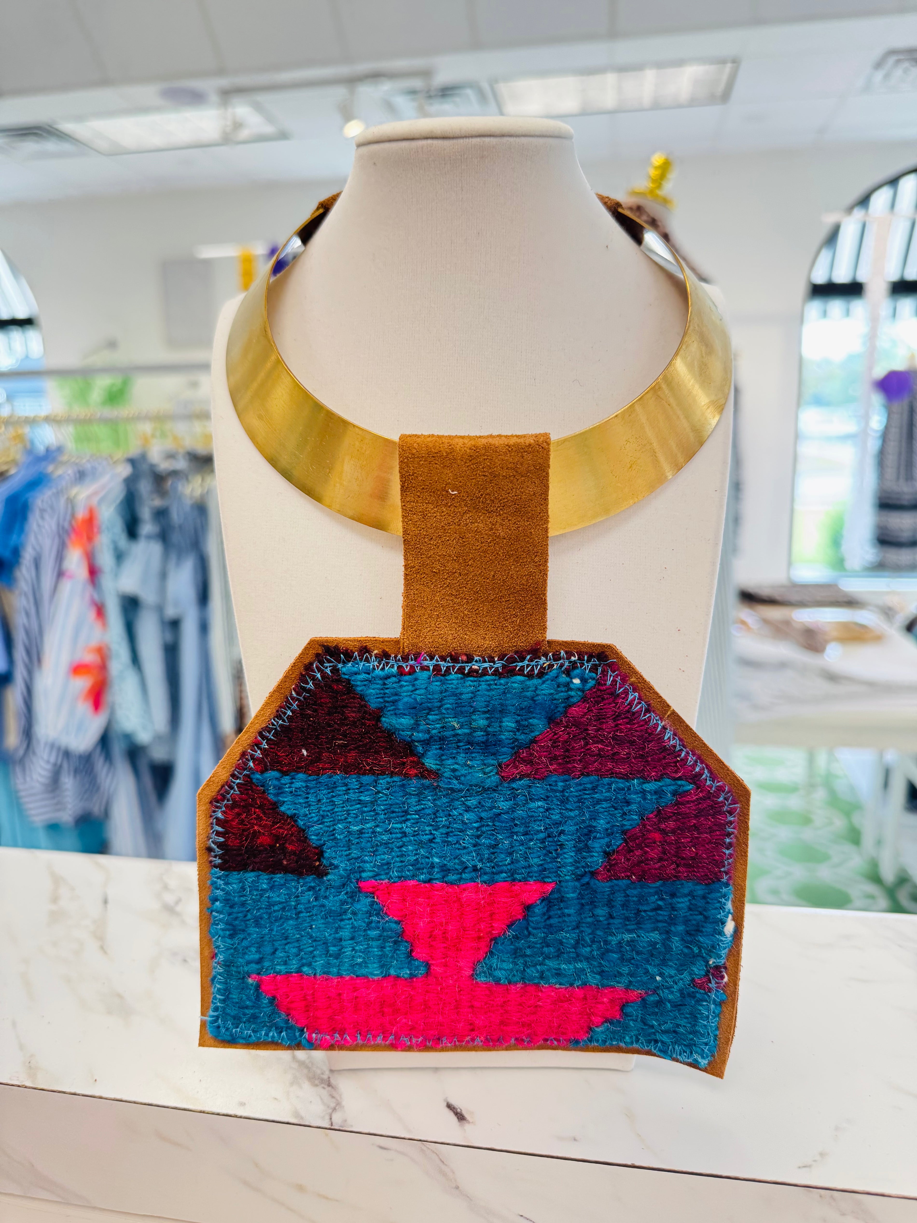 ORIJINAL Brass Pendant Necklace - Teal/Hot Pink/Maroon Patch