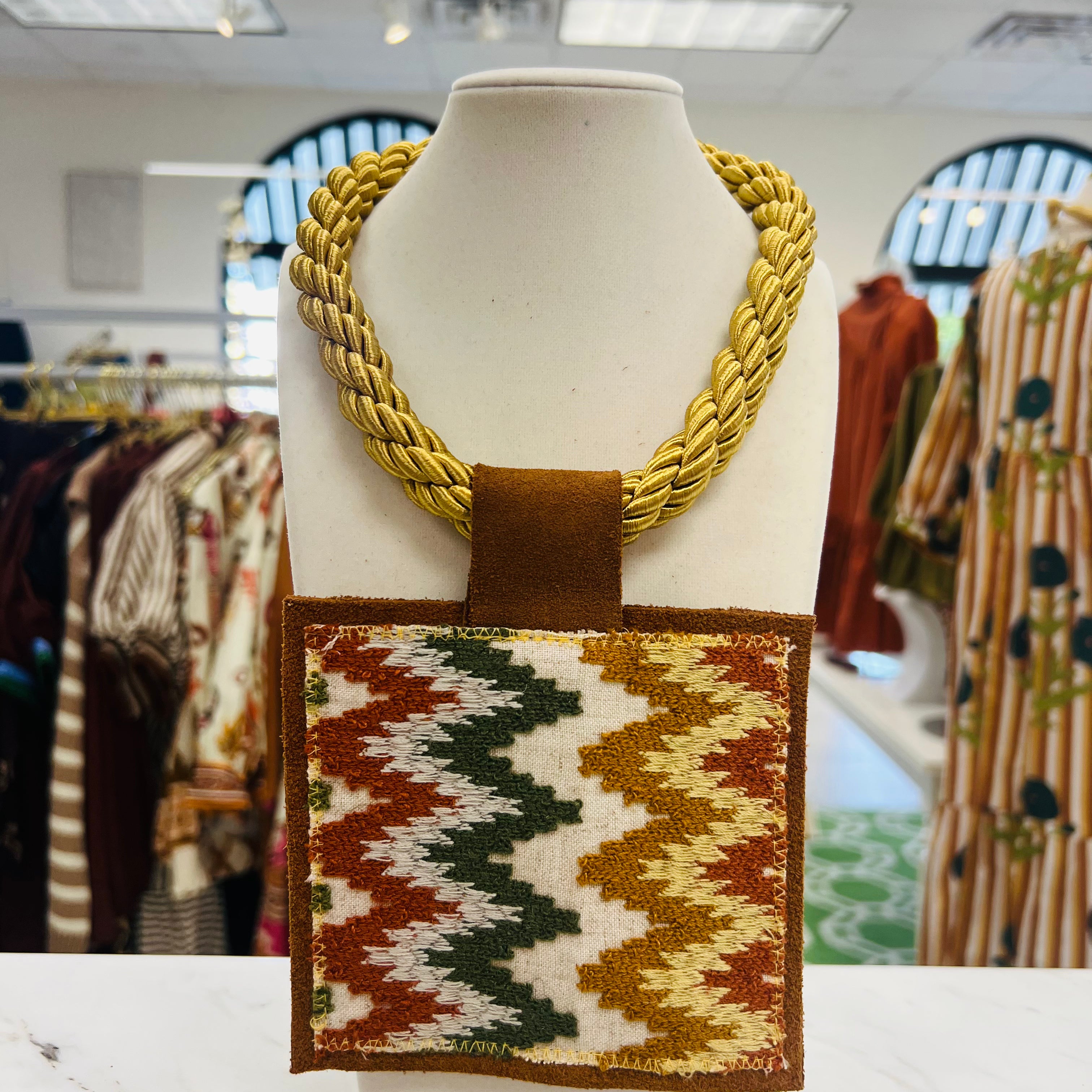 ORIJINAL Gold Rope Pendant Necklace - Tan/White/Green/Rust Patch