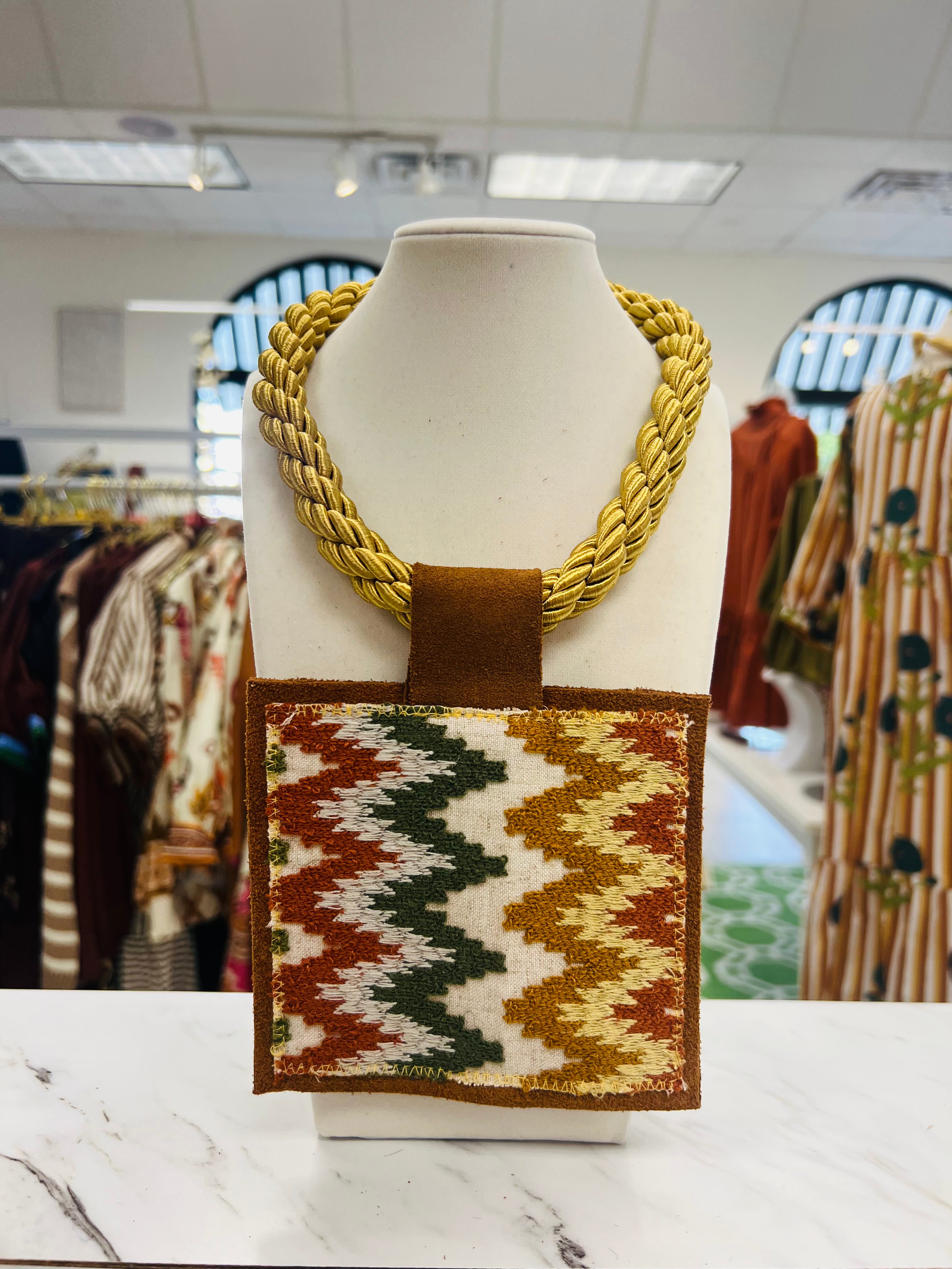 ORIJINAL Gold Rope Pendant Necklace - Tan/White/Green/Rust Patch