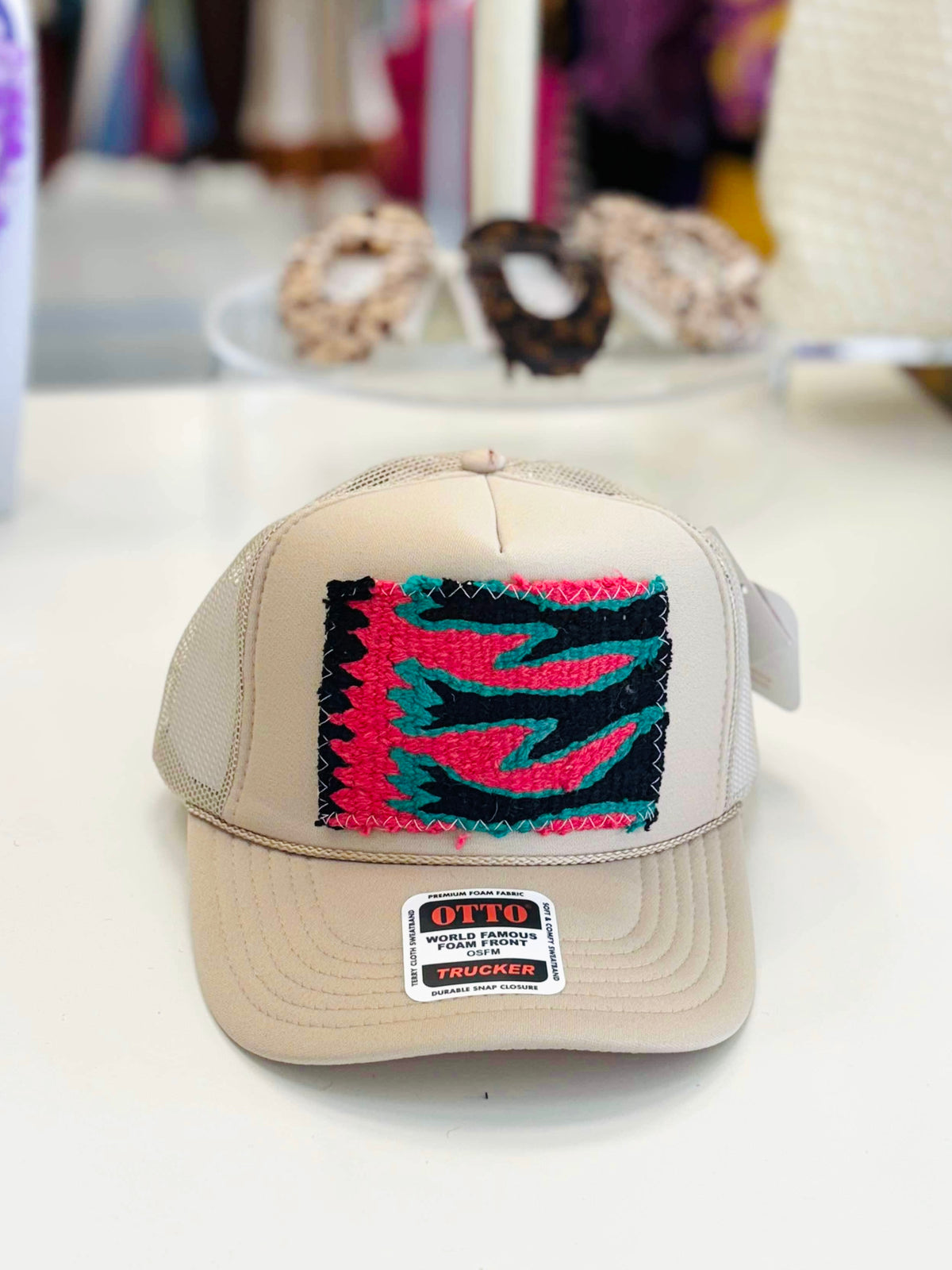 ORIJINAL Trucker Hat in Tan- Pink/Jade/Black Patch