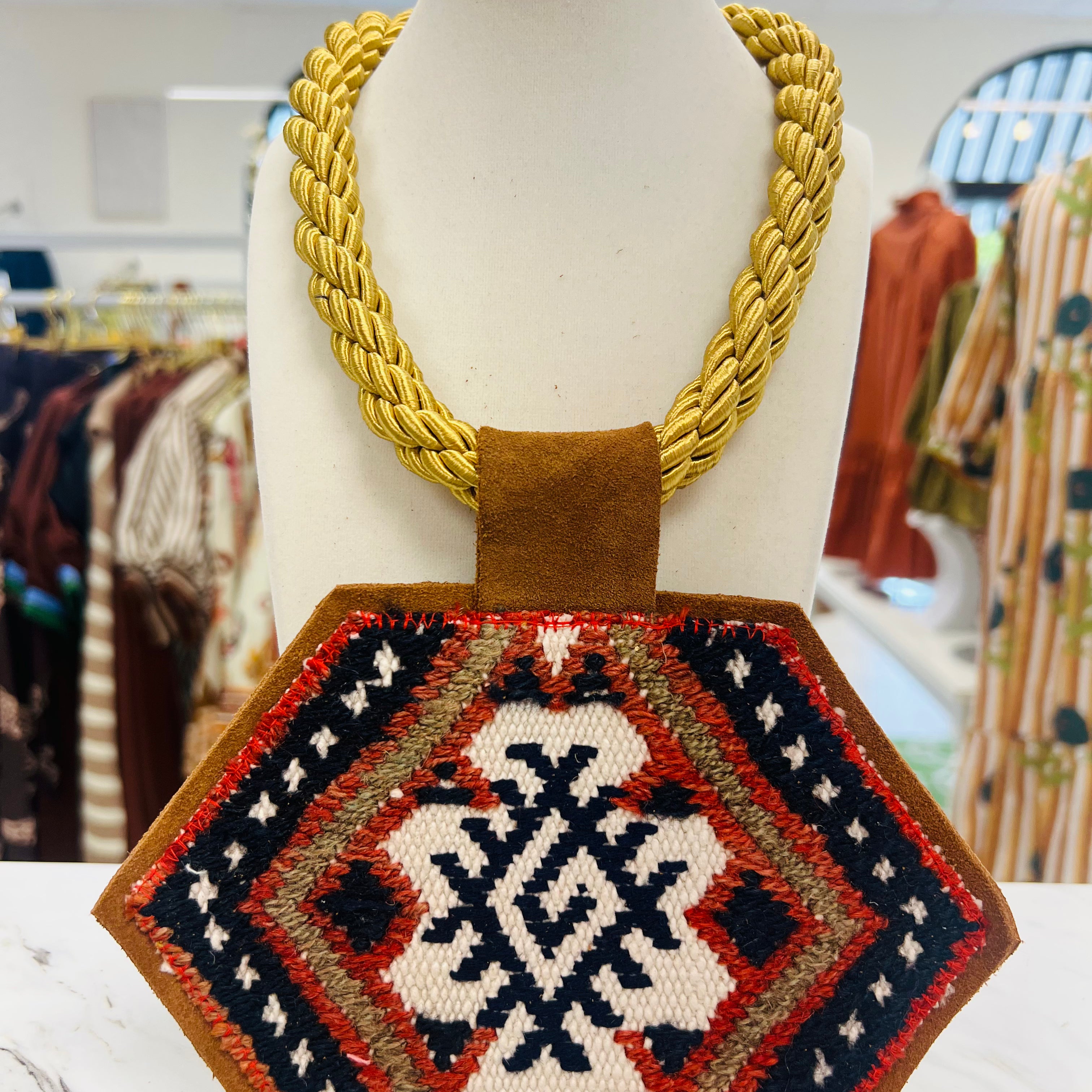 ORIJINAL Gold Rope Pendant Necklace - Navy/White/Red/Brown Patch