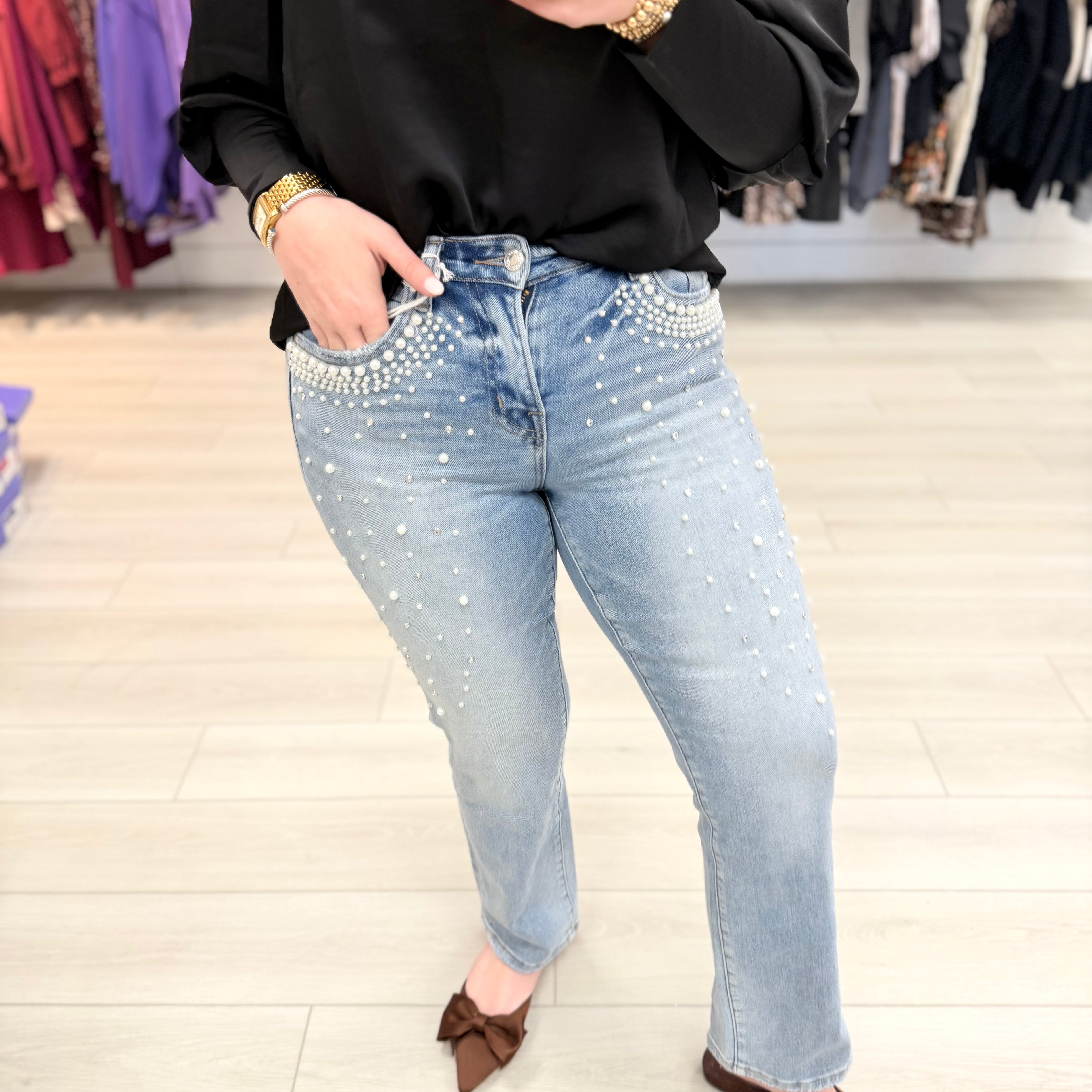 High Rise Straight Pearl + Rhinestone Embellished Denim by Vervet