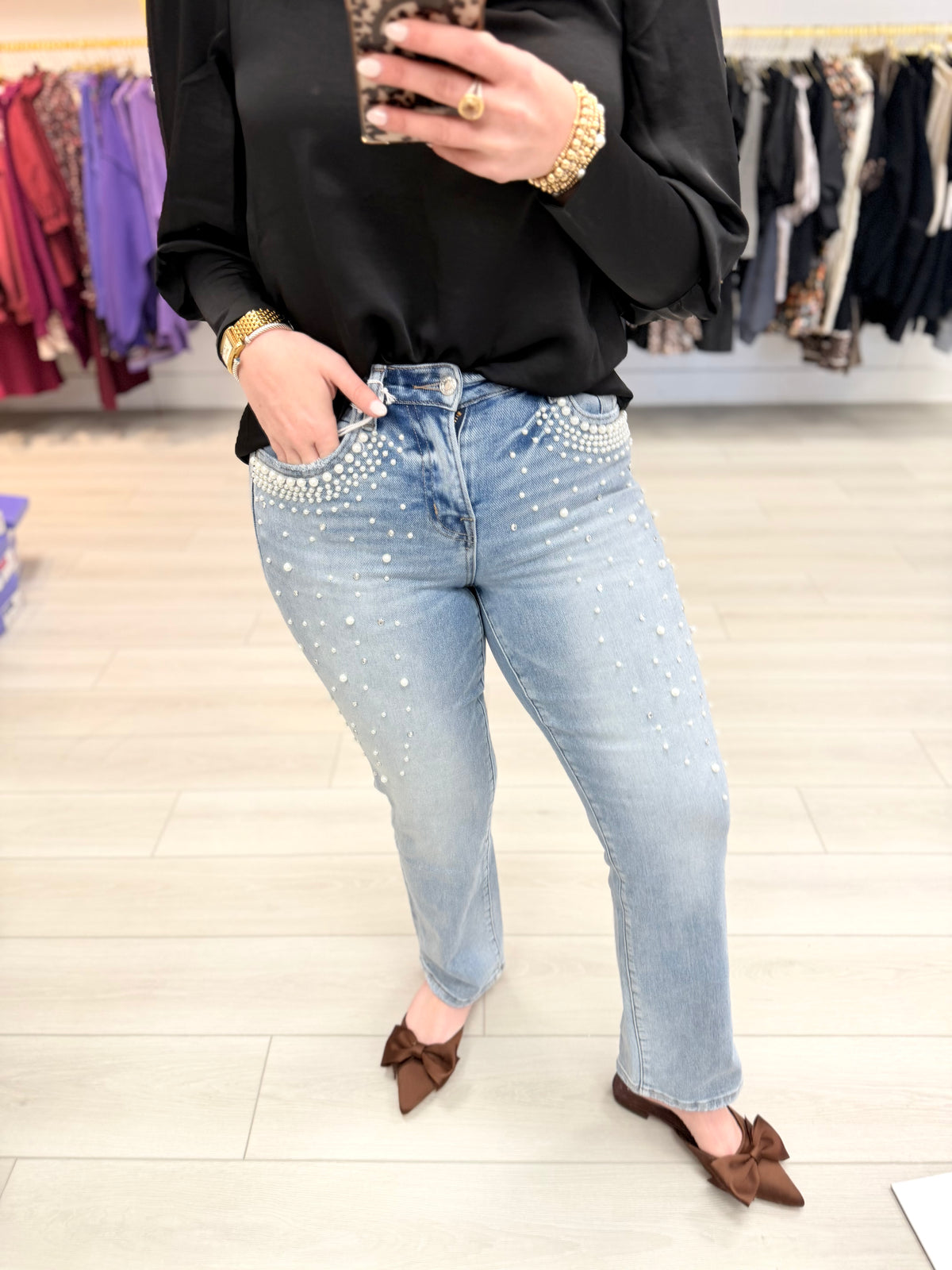 High Rise Straight Pearl + Rhinestone Embellished Denim by Vervet