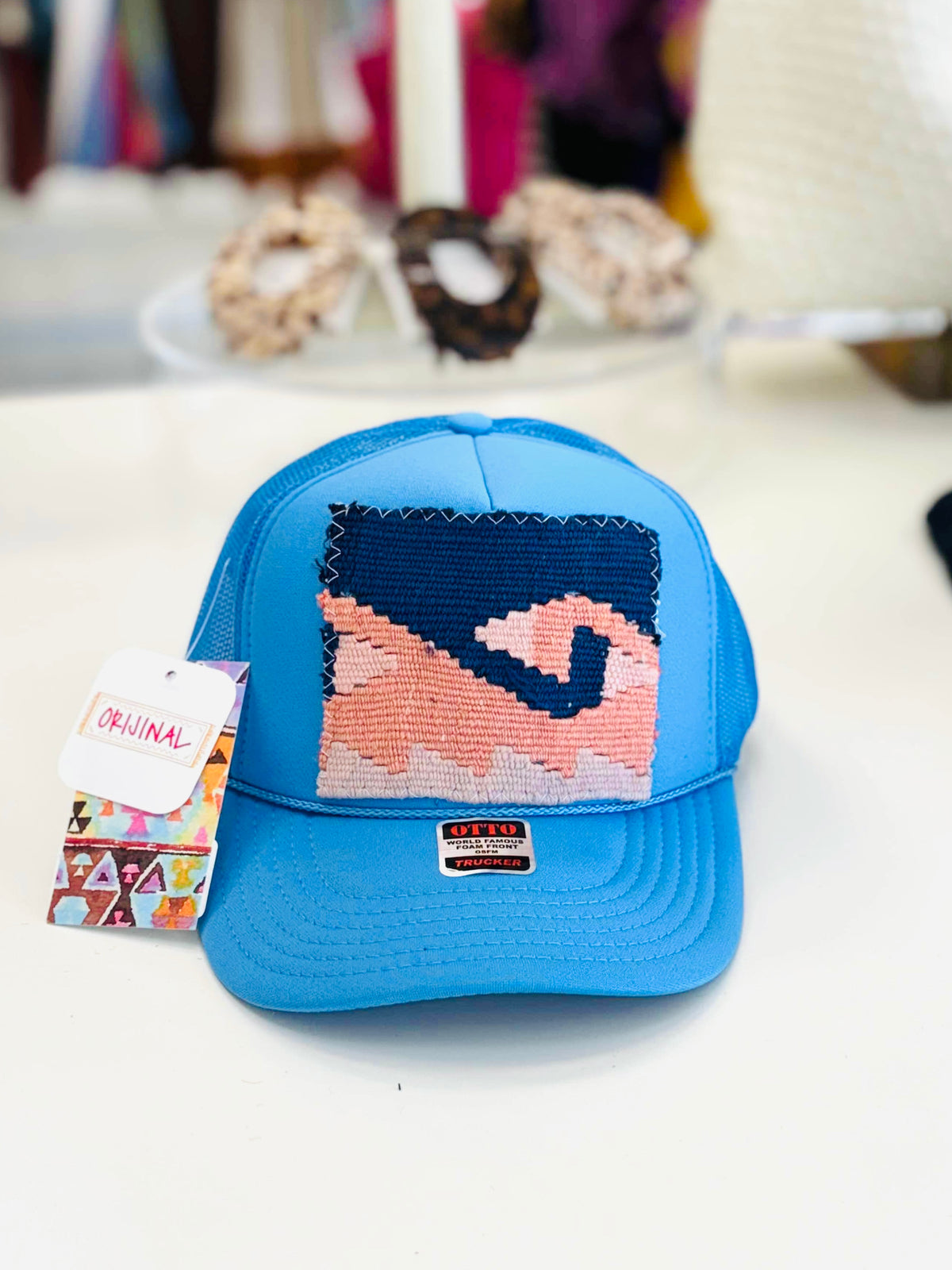 ORIJINAL Trucker Hat in Blue- Coral/Navy/Pink Patch