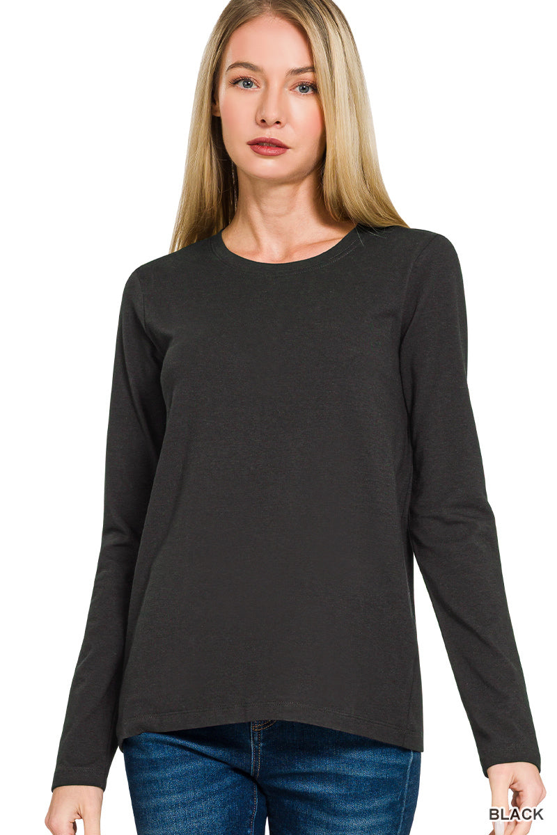 Cotton Crewneck Long Sleeve Tee in Black