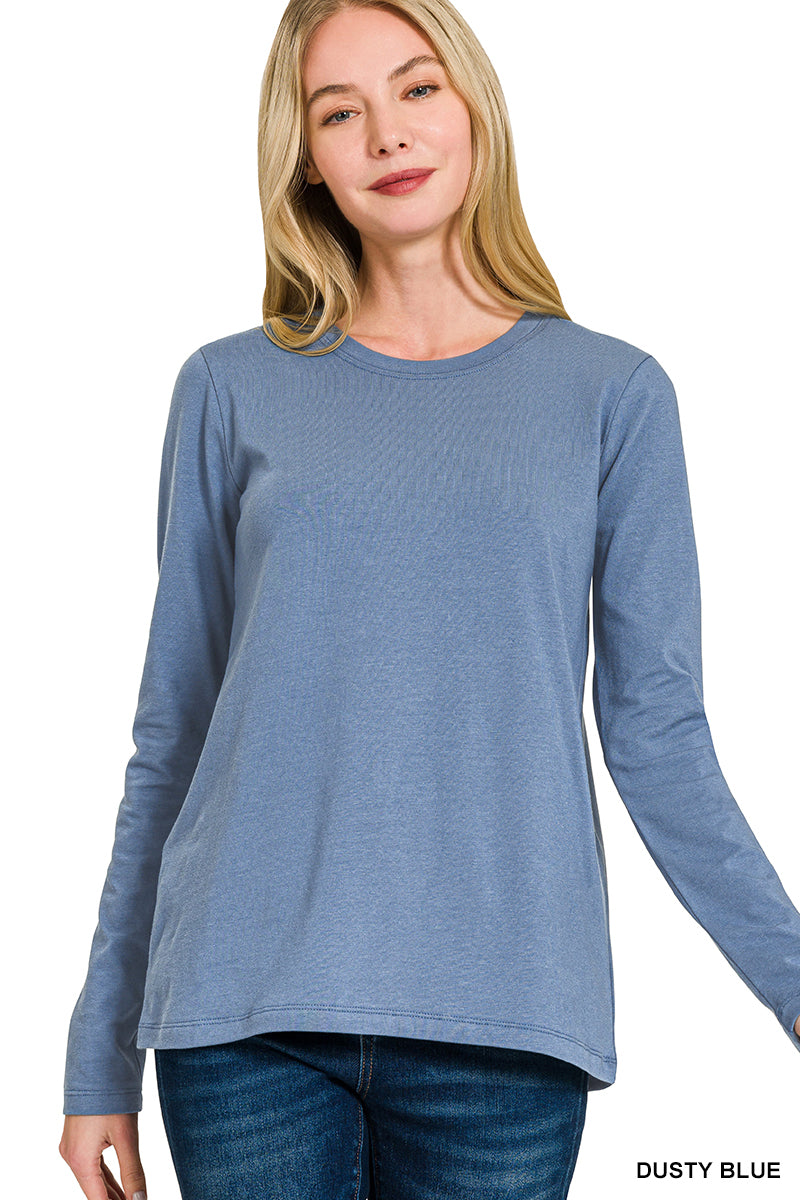 Cotton Crewneck Long Sleeve Tee in Dusty Blue