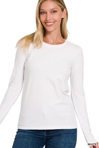 Cotton Crewneck Long Sleeve Tee in White