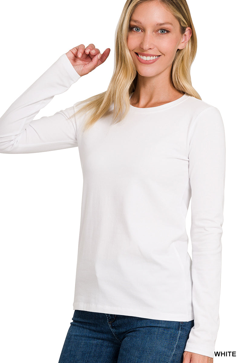 Cotton Crewneck Long Sleeve Tee in White