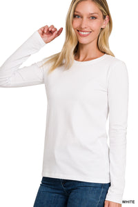 Cotton Crewneck Long Sleeve Tee in White