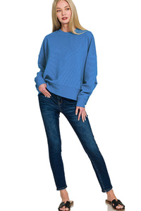 Ribbed Balloon Sleeve Pullover in Classic Blue