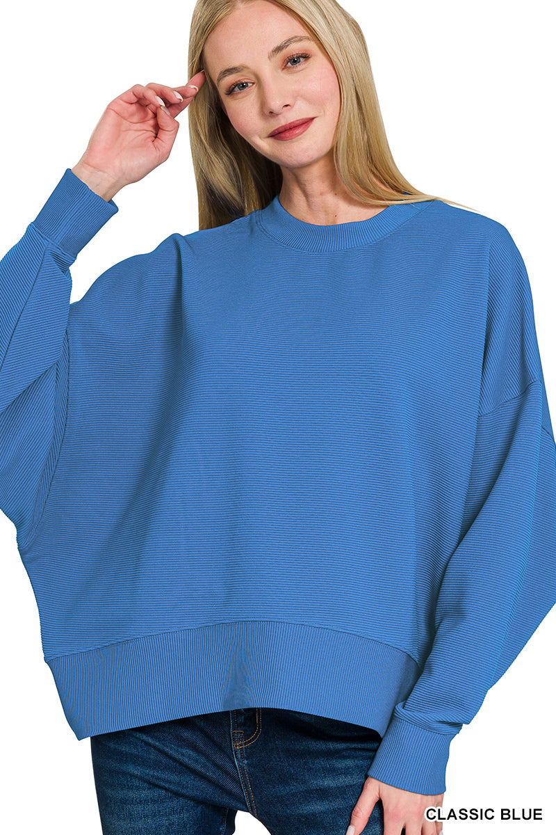Ribbed Balloon Sleeve Pullover in Classic Blue