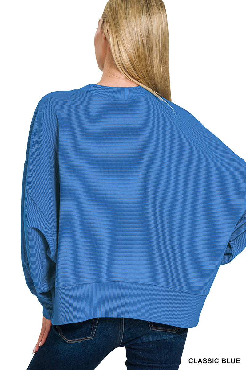 Ribbed Balloon Sleeve Pullover in Classic Blue