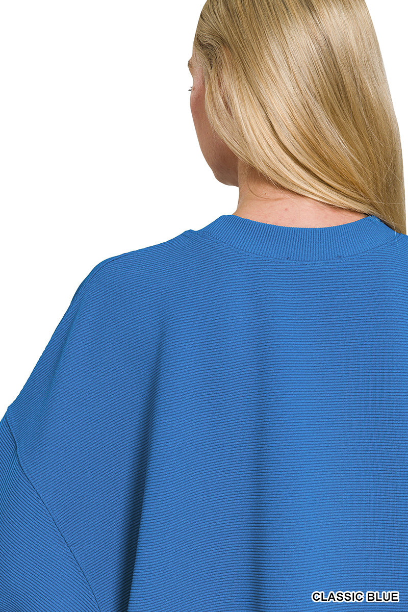 Ribbed Balloon Sleeve Pullover in Classic Blue