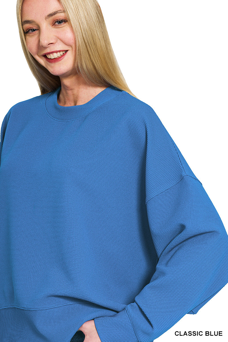 Ribbed Balloon Sleeve Pullover in Classic Blue