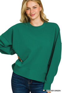Ribbed Balloon Sleeve Pullover in Hunter Green