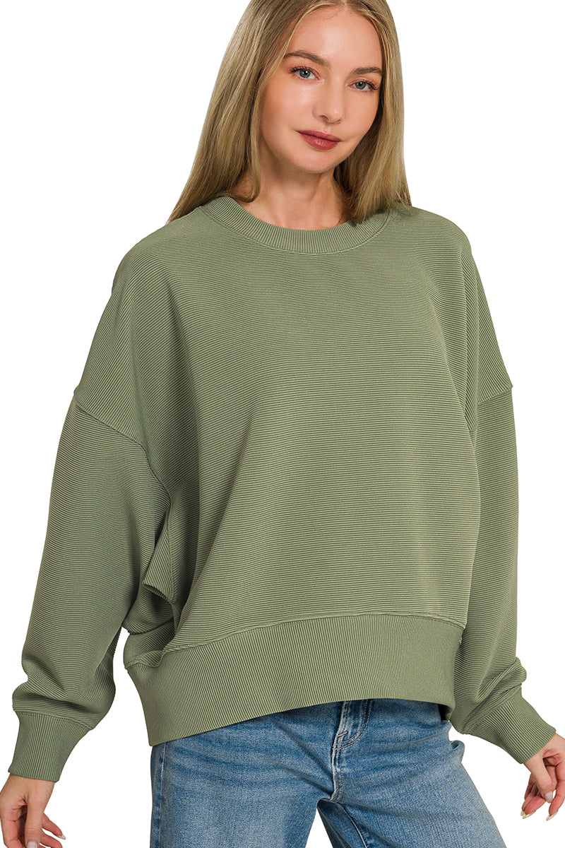 Ribbed Balloon Sleeve Pullover in Light Olive