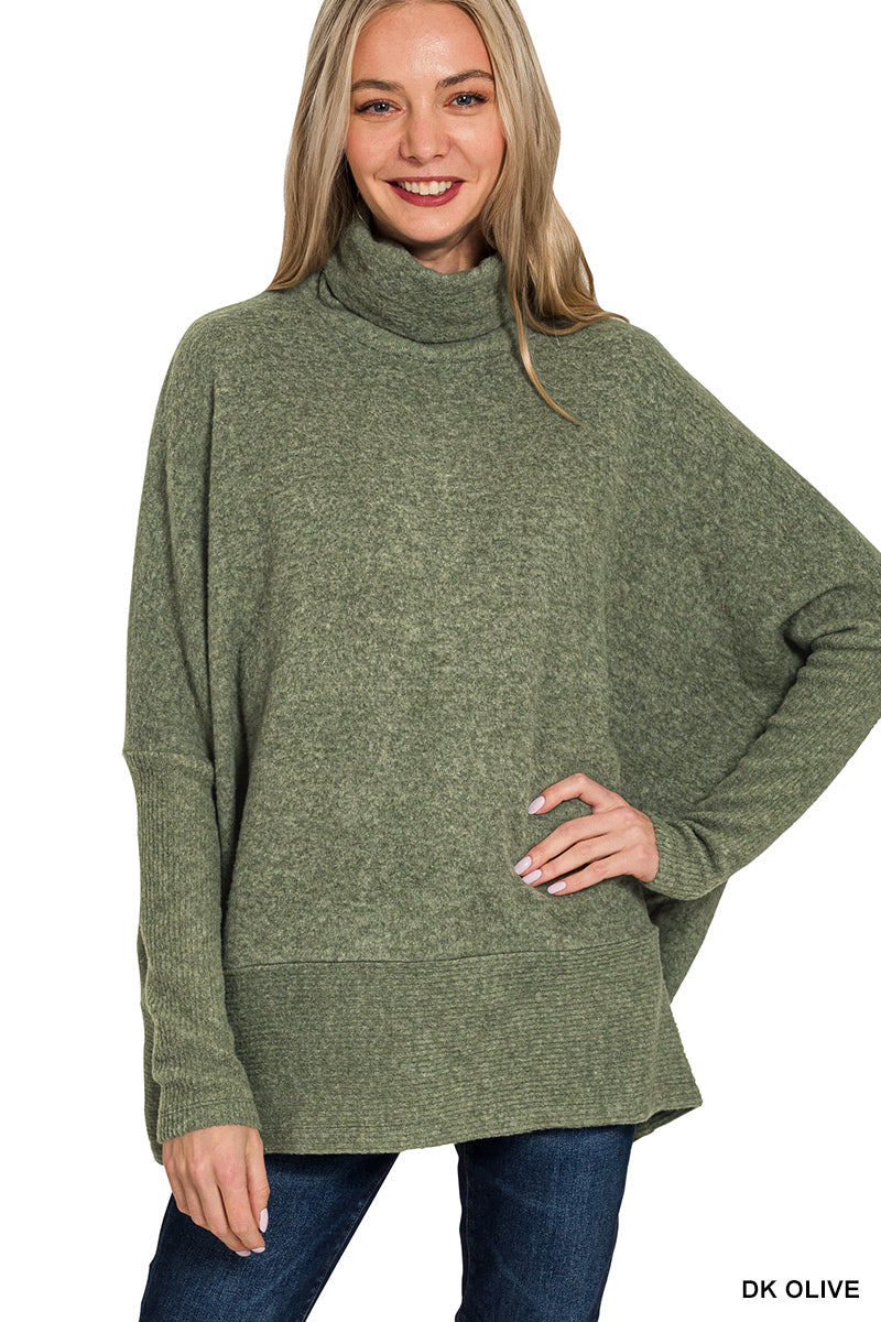 Brushed Melange Hacci Turtleneck Sweater in Dark Olive
