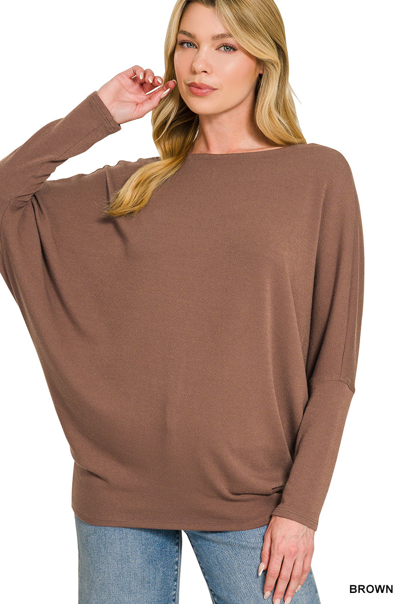 Dolman Sleeve Boat Neck Top in Brown