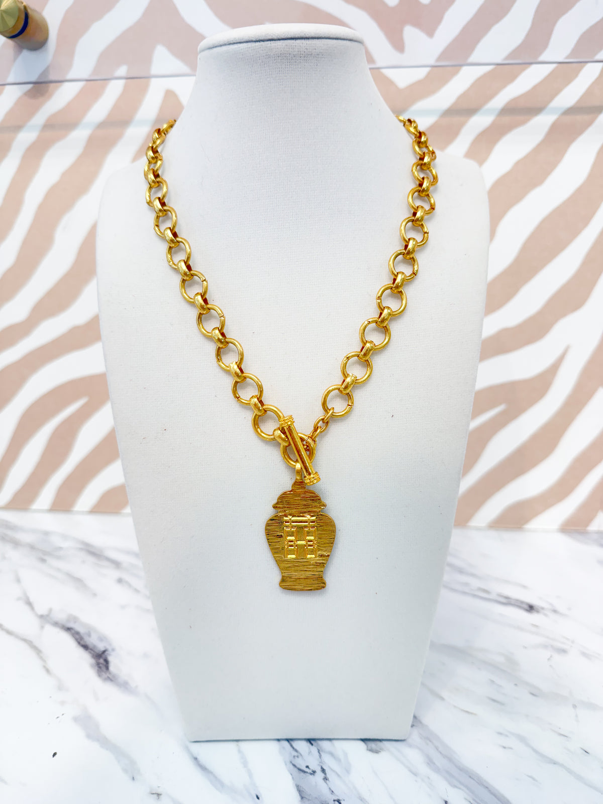 Gold Chain Necklace with Chinoiserie Jar Pendant