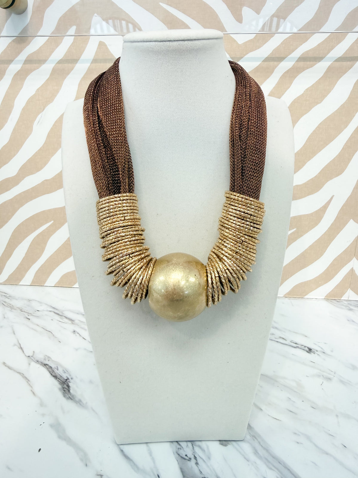 Mesh with Big Ball Pendant Necklace - Brown