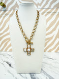 Gold Linked Chain Necklace with Chunky Pearl Cross Pendant