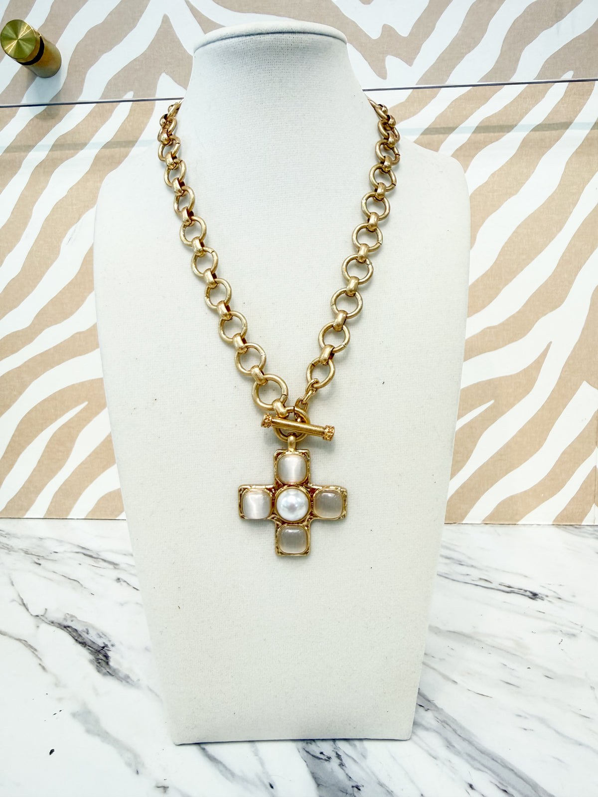 Gold Linked Chain Necklace with Chunky Pearl Cross Pendant