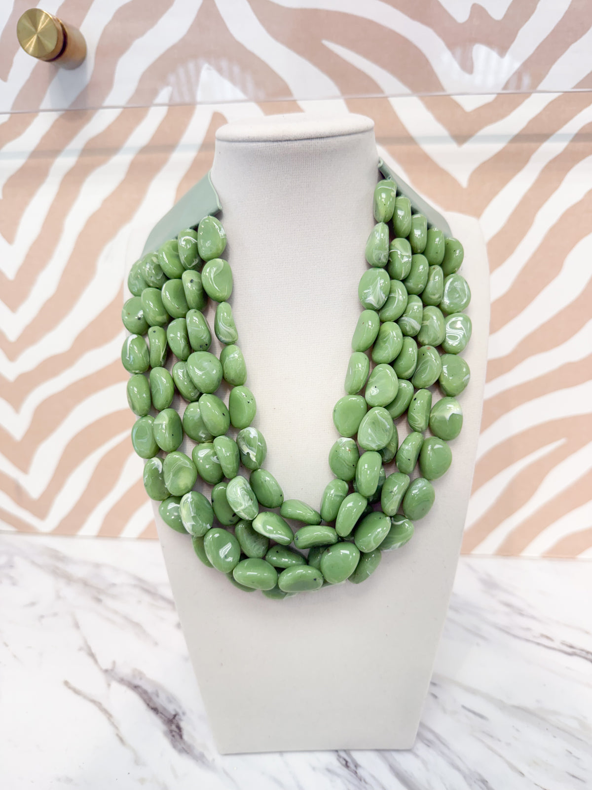 Multi Strand Pebble Beaded Necklace - Sage Green