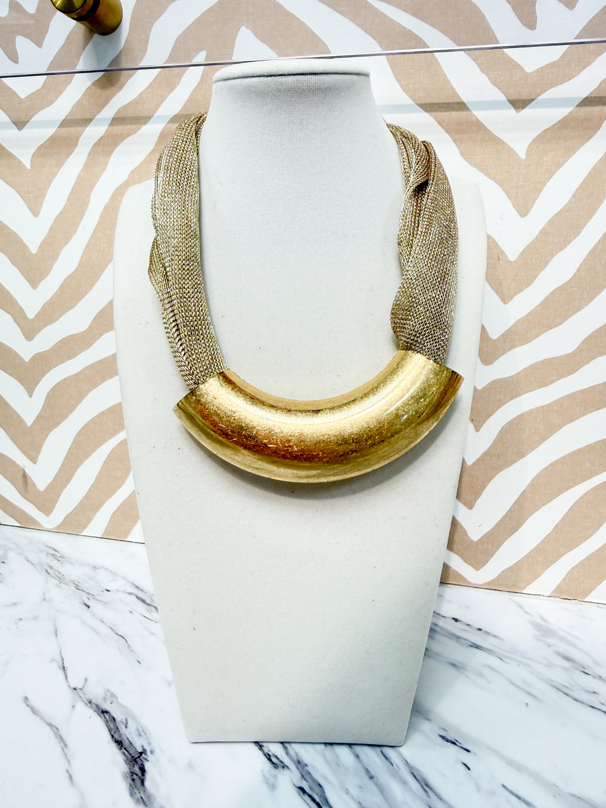 Mesh Fabric Necklace with Chunky Gold Pendant