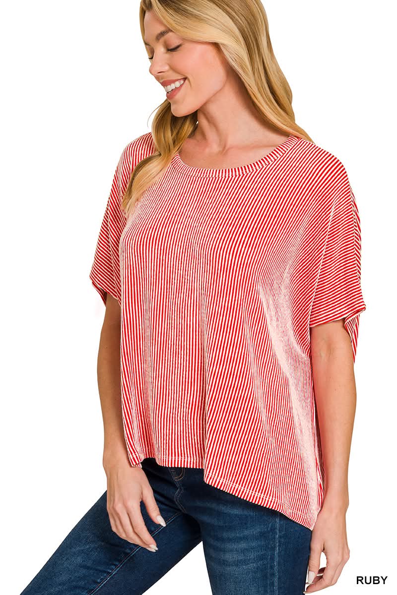 Rachel Ribbed Tee in Ruby | BOMB BASIC