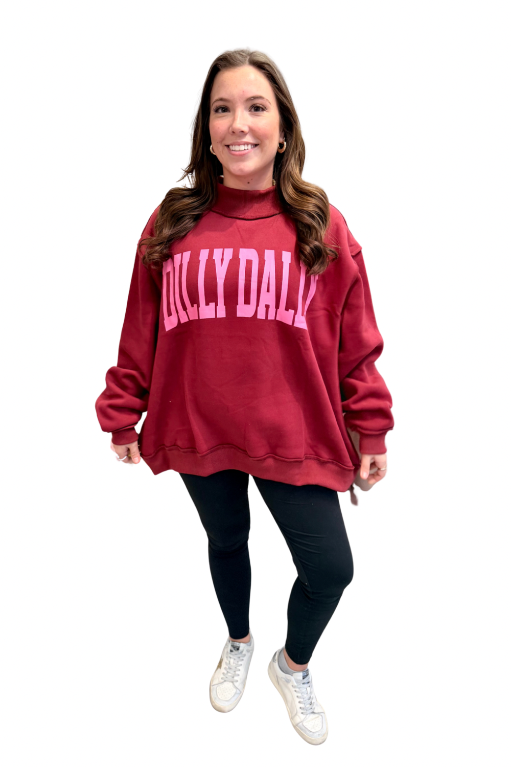 'DILLY DALLY' Mockneck Sweatshirt in Burgundy