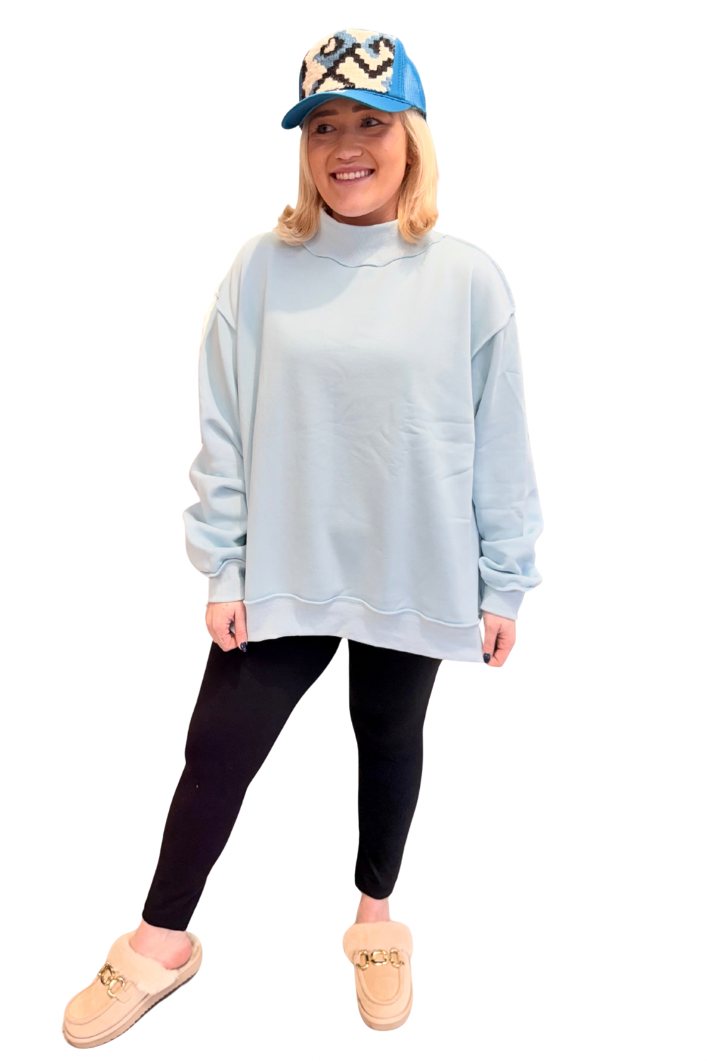 Solid Oversized Mock Neck Sweatshirt in Blue
