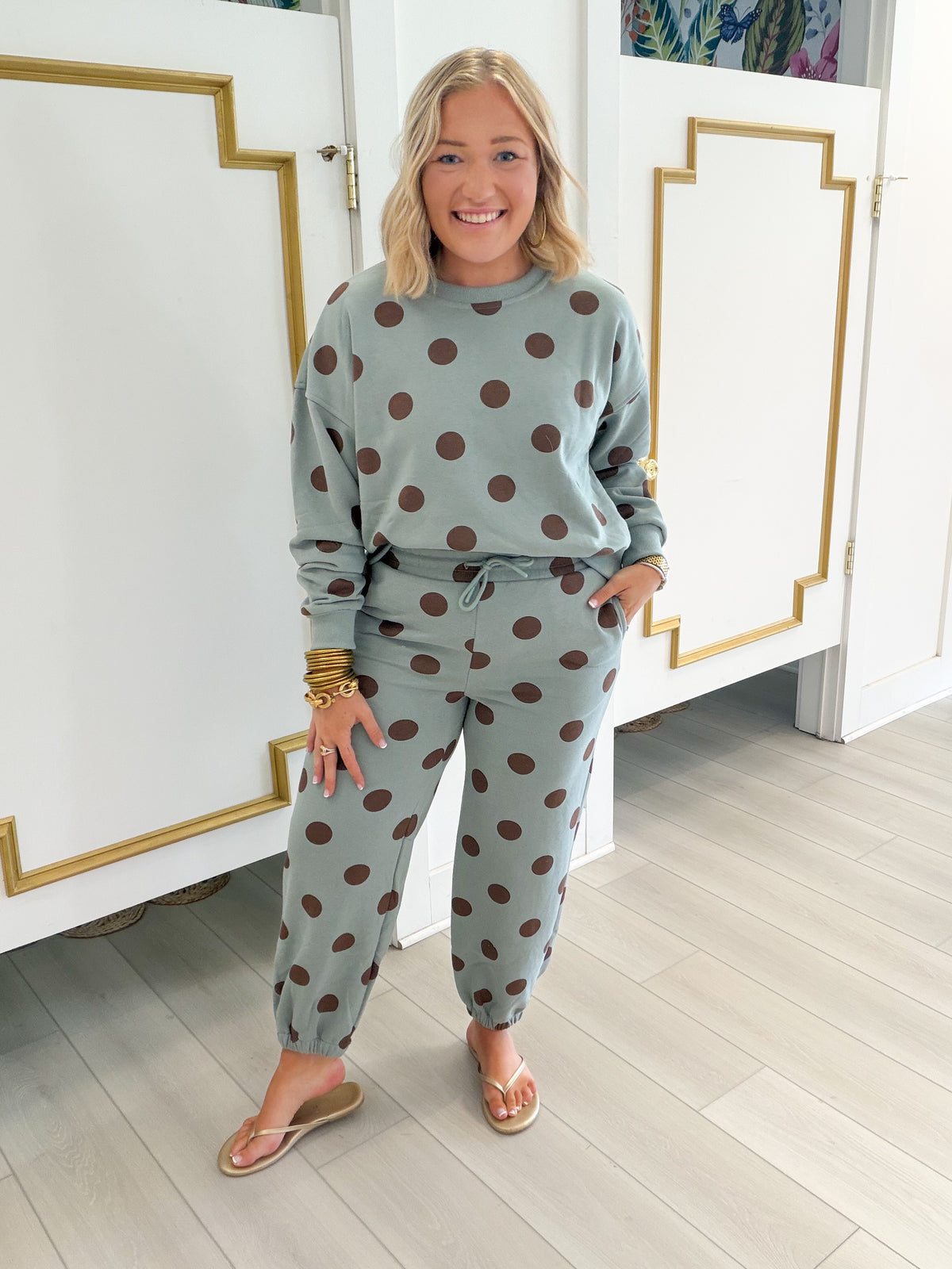 Polka Play Crewneck and Jogger Set - Teal + Brown