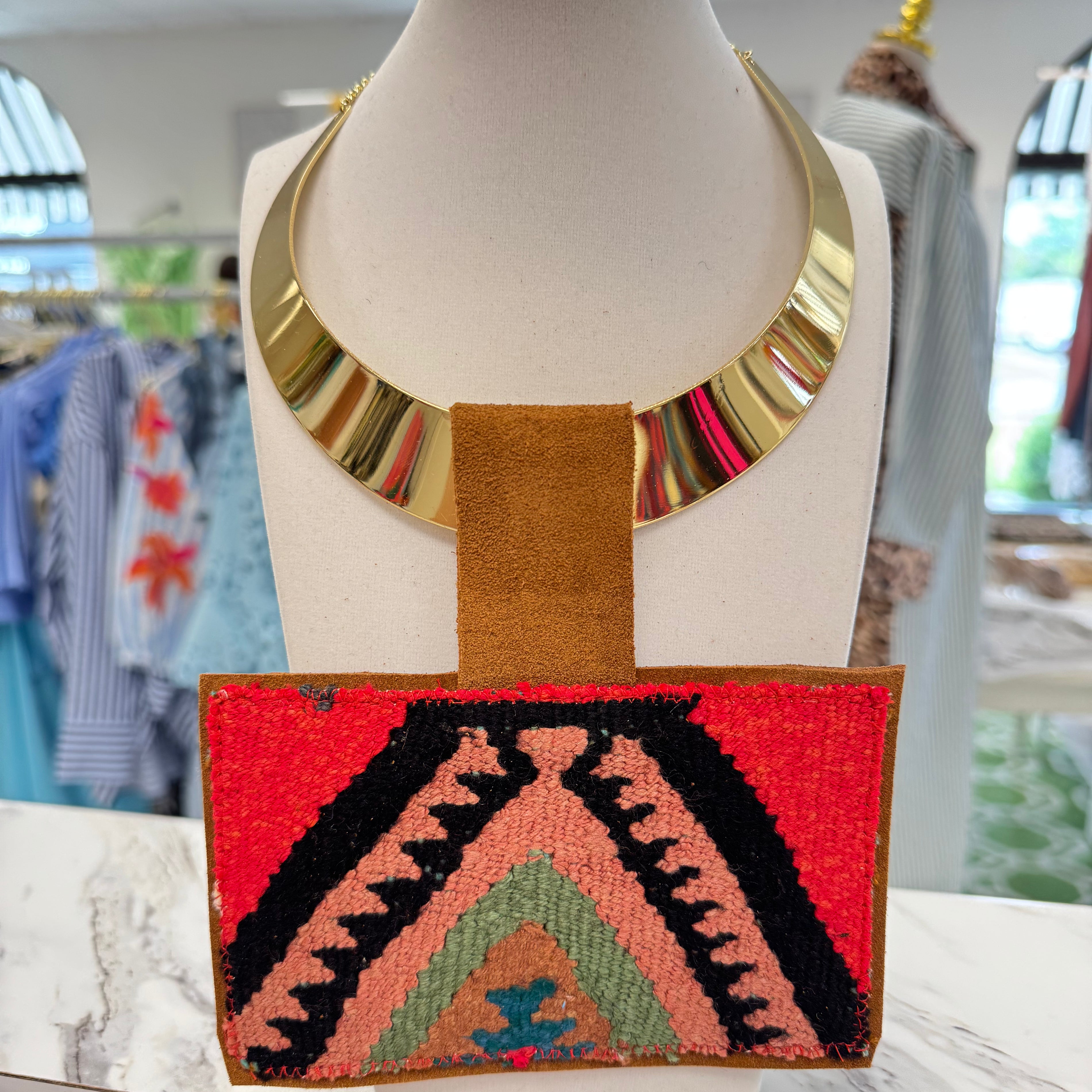 ORIJINAL Shiny Brass Pendant Necklace - Red/Black/Pink/Sage Patch