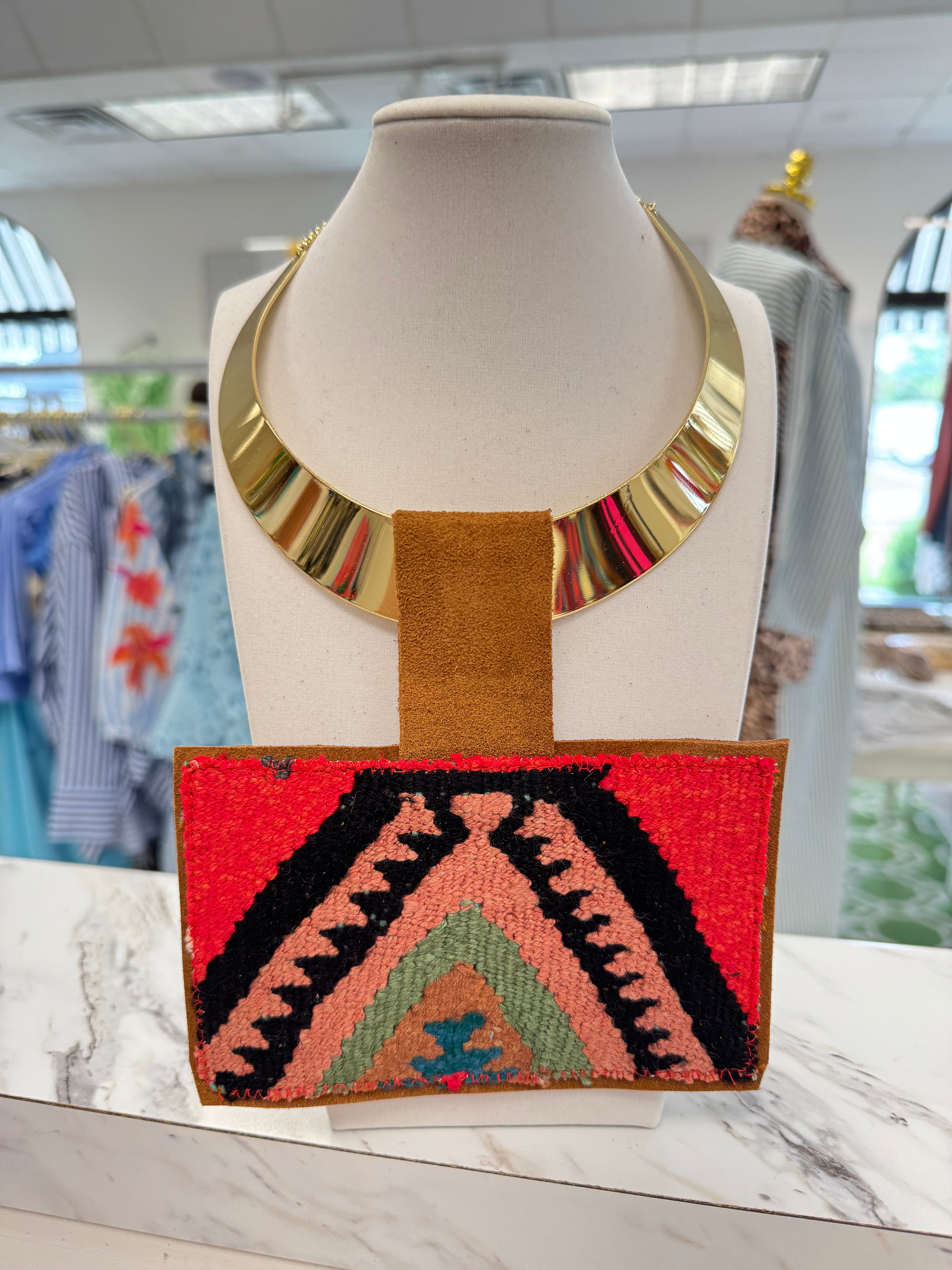 ORIJINAL Shiny Brass Pendant Necklace - Red/Black/Pink/Sage Patch
